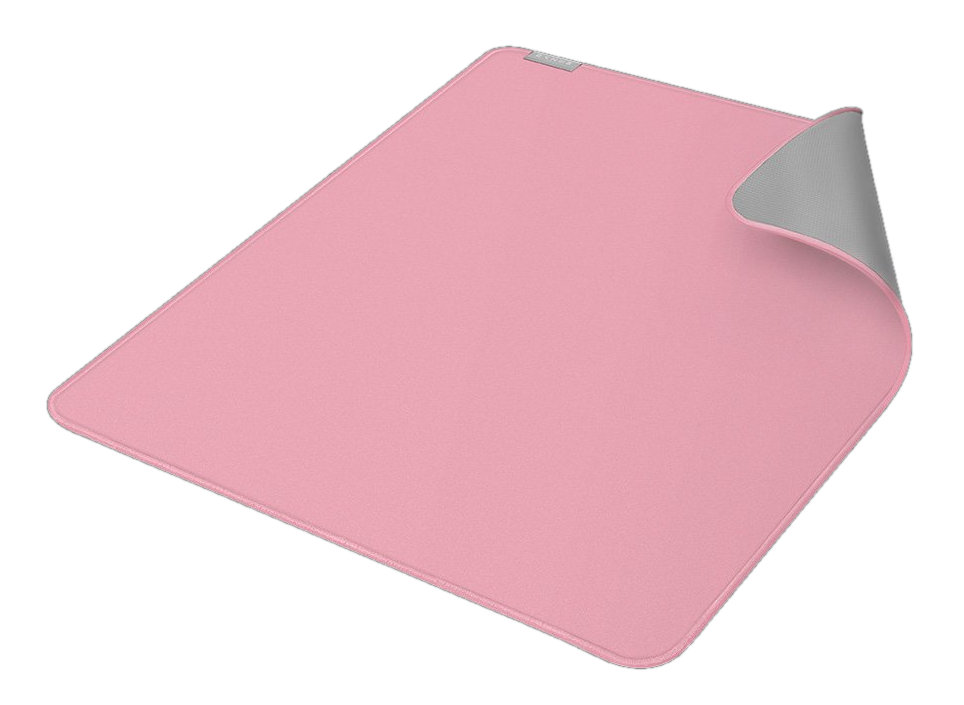 Różowa podkładka pod mysz z szarą krawędzią na białym tle, lekko zawinięta u góry.