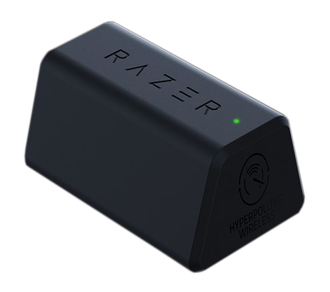 Czarne urządzenie Razer HyperPolling Wireless z zielonym światłem LED na czarnym tle.
