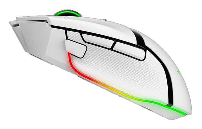 Biała mysz do gier z podświetleniem RGB. Ma przyciski i teksturowany uchwyt.