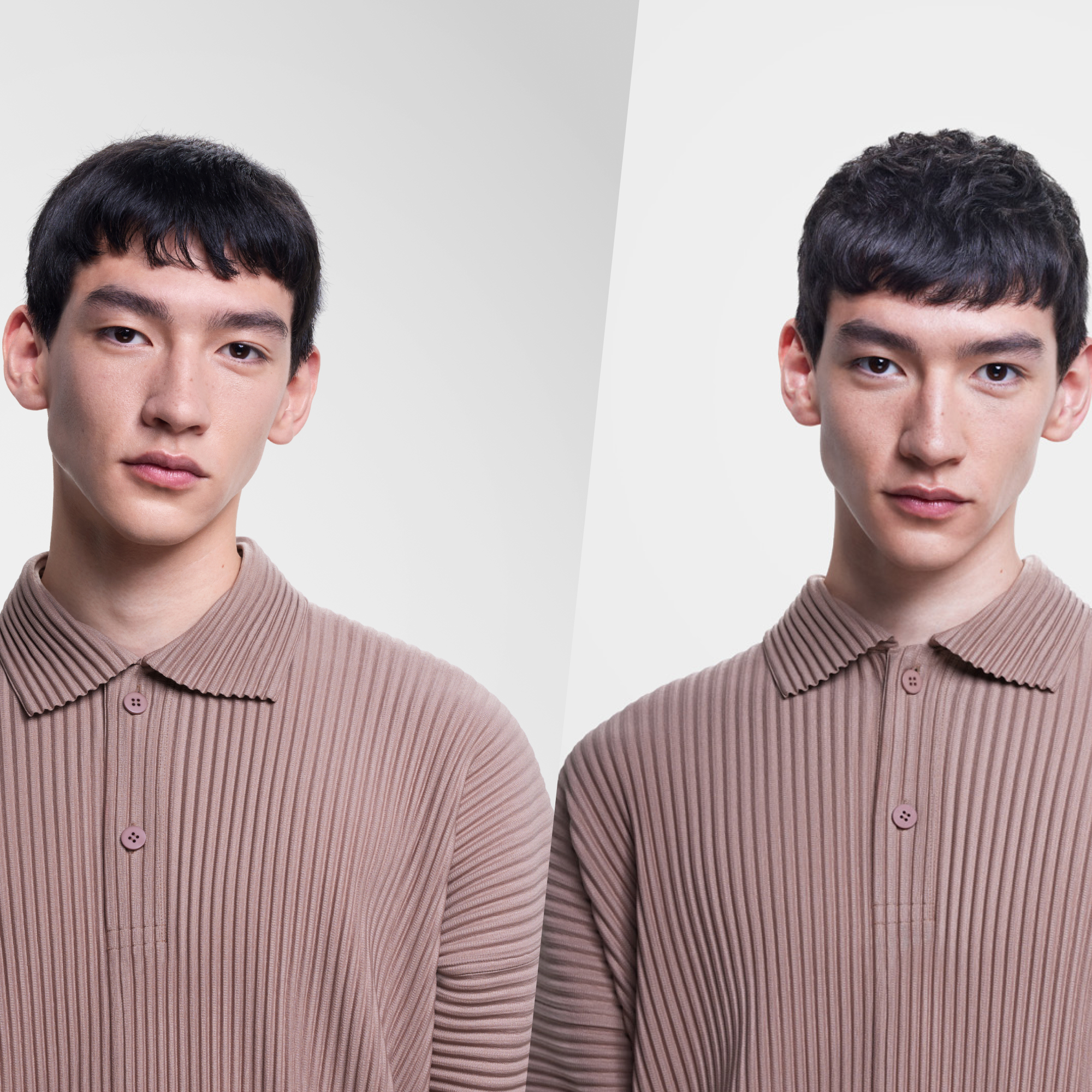Zwei Männer in beigefarbenen Poloshirts, beide mit dunklem Haar und ähnlichen Gesichtszügen.