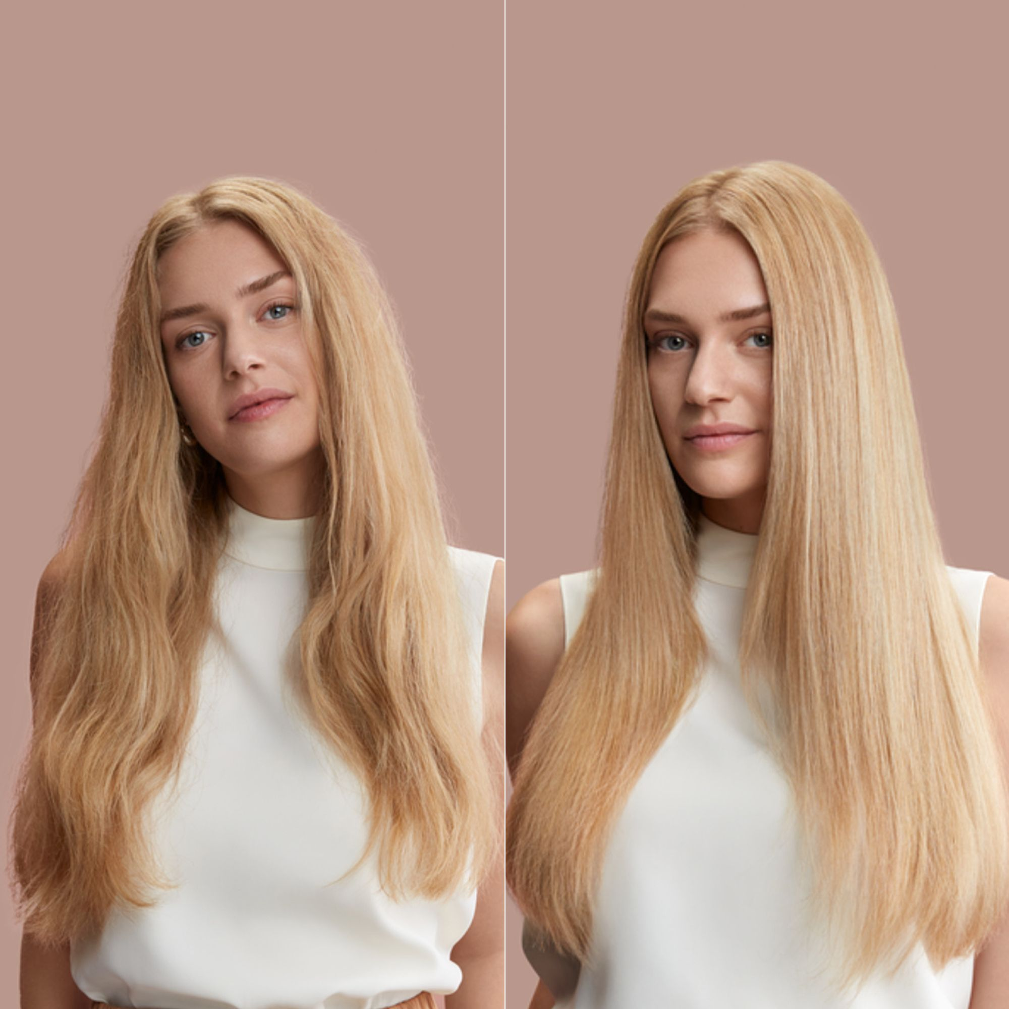 Eine Frau mit ungepflegtem Haar und dann glattem Haar. Vorher-Nachher-Vergleich.