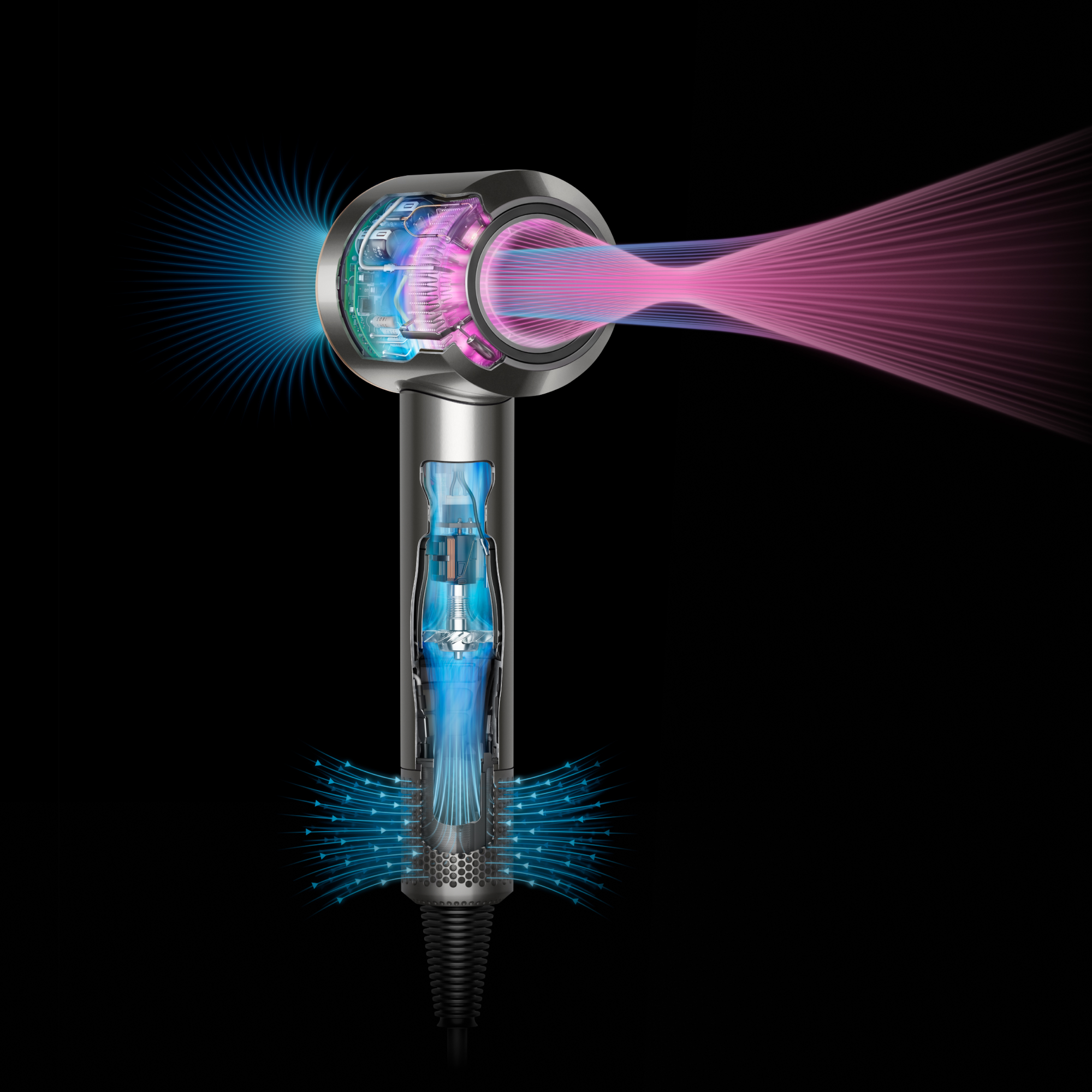 Haartrockner-Querschnitt, der interne Komponenten und Luftstrom in Blau und Pink zeigt.