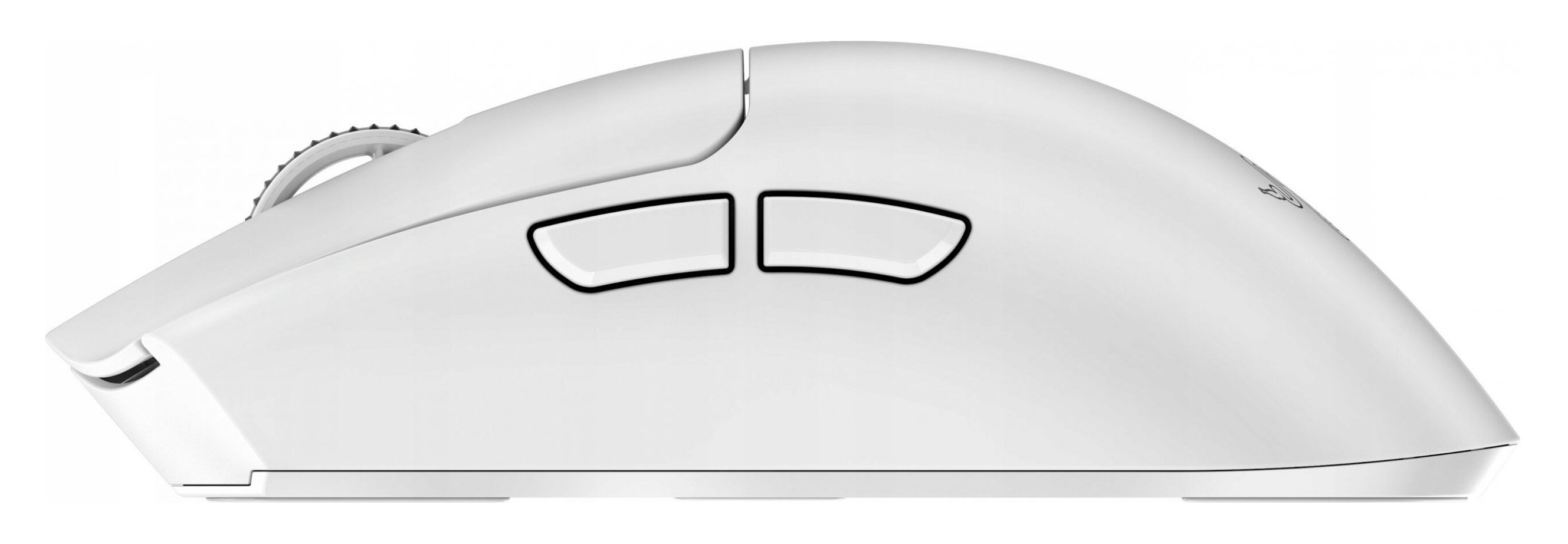 Biała mysz komputerowa z dwoma bocznymi przyciskami i kółkiem przewijania, widok z boku.