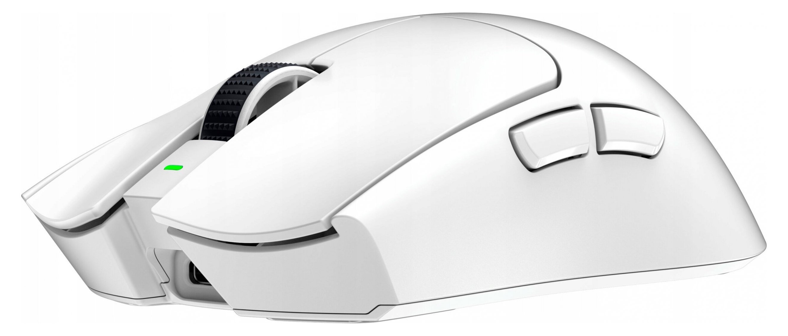 Biała mysz do gier z wieloma przyciskami i kółkiem przewijania.