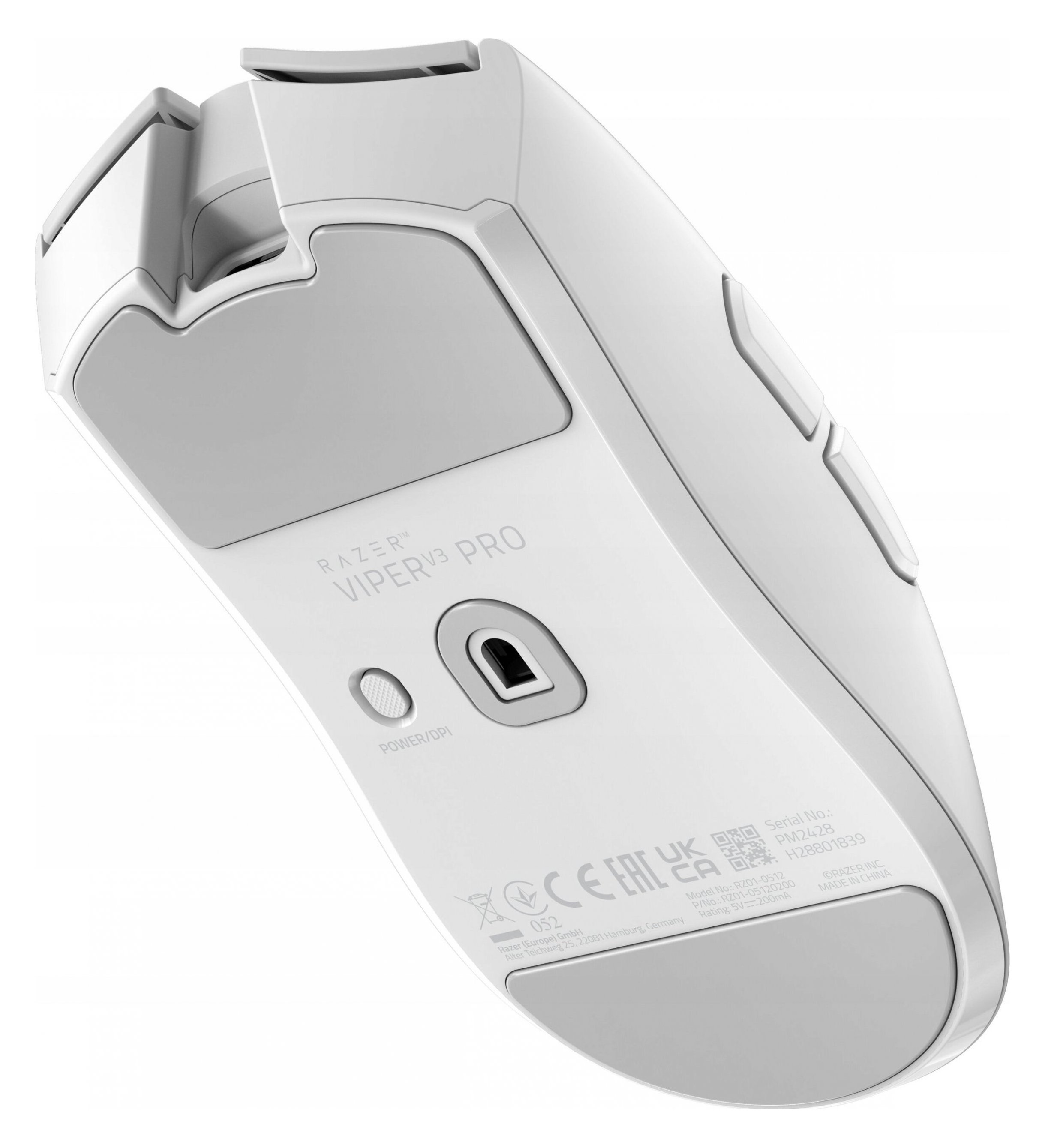 Biała mysz gamingowa Razer Viper V3 Pro, widok od spodu, szczegóły.