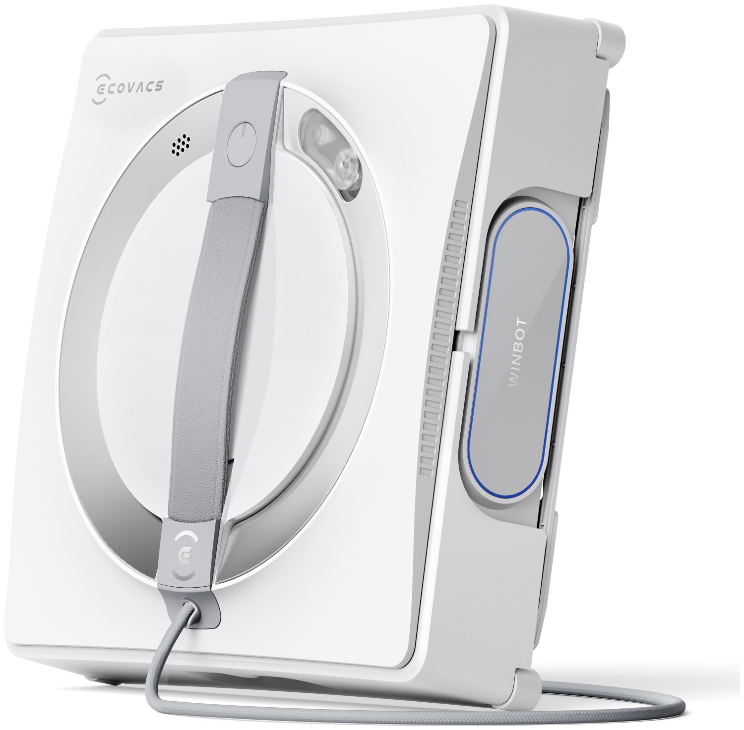 Biały oczyszczacz do okien Ecovacs Winbot z uchwytem, na białym tle.