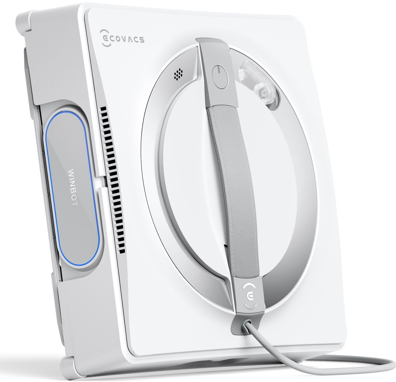 Biały robot do czyszczenia okien z uchwytem i przewodem. Widoczne jest logo 'ECOVACS'.
