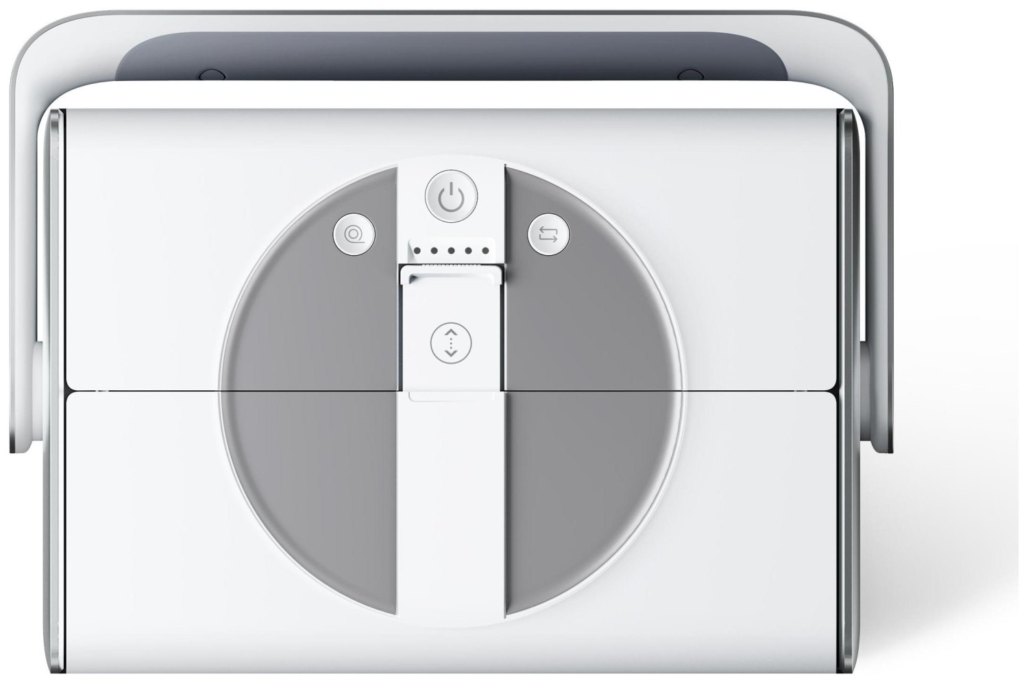 Widok z góry na biało-szary odkurzacz robot, z przyciskami sterowania na górze.