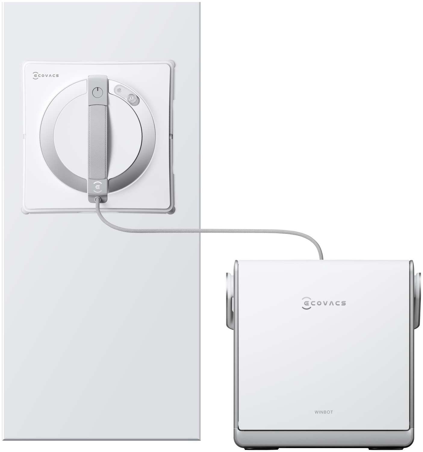 Biały robot sprzątający na ścianie, połączony z białą skrzynką ze srebrnym uchwytem.