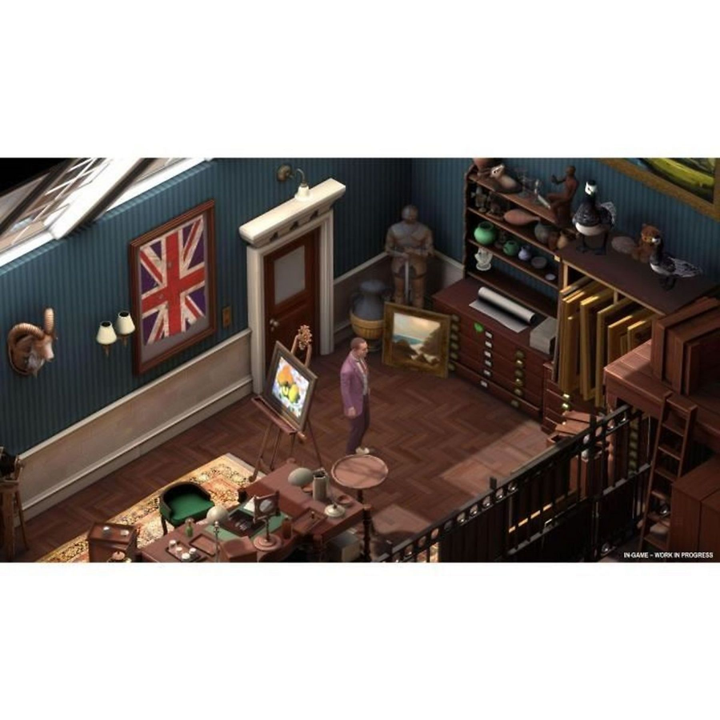 Una vista isométrica de una habitación con una pintura en la pared y un hombre.