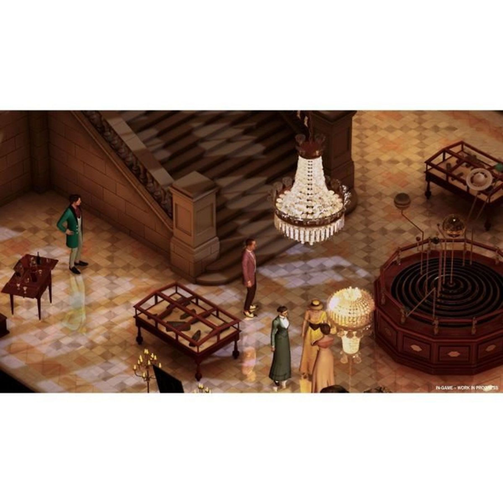 Vista isométrica de una habitación con personas. Una lámpara de araña cuelga arriba. Hay mesas, escaleras y varias figuras con ropa victoriana.