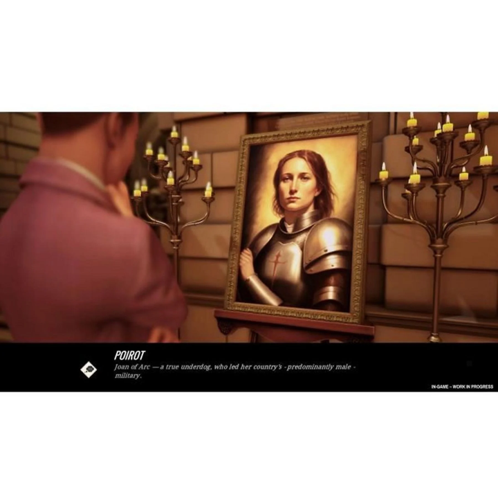 Pintura de Juana de Arco con armadura, hombre mirándola. Candelabros y texto presentes.