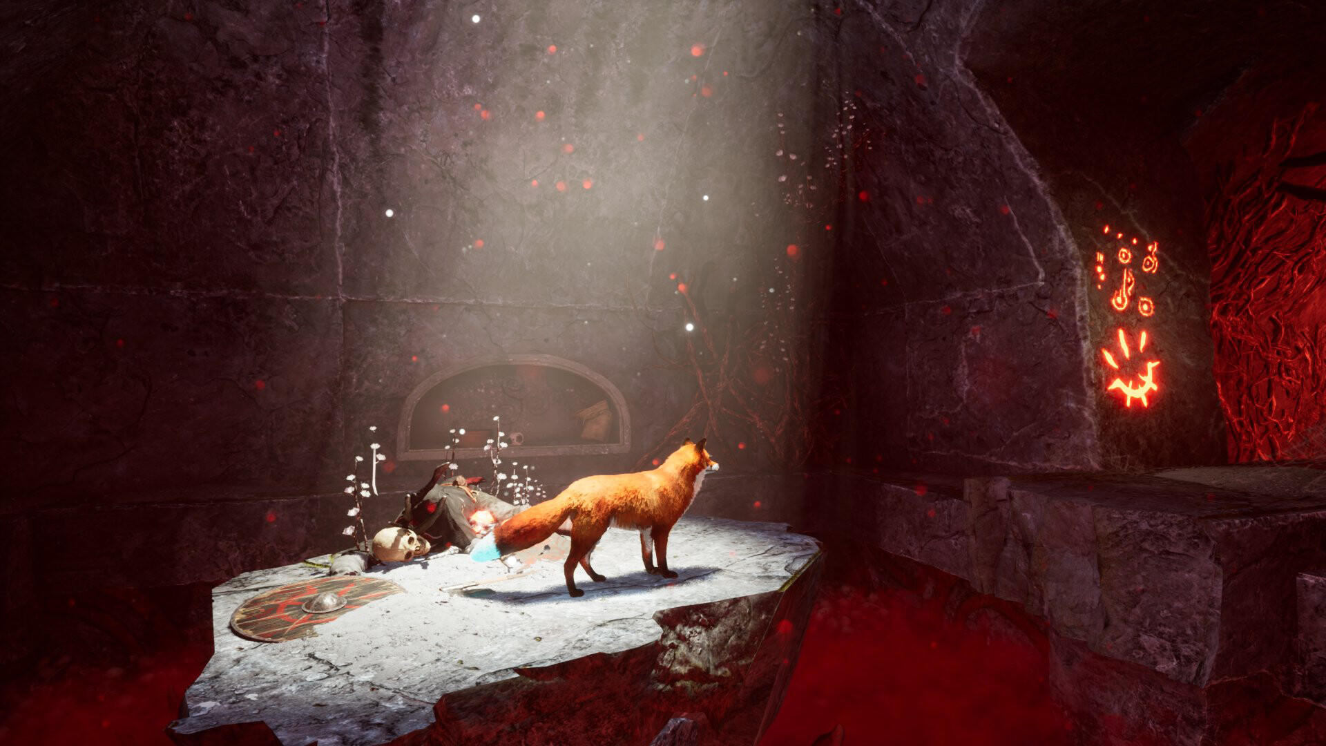 Ein Fuchs steht in einer Höhle mit Lichtstrahl, Schädeln und rotem Leuchten.