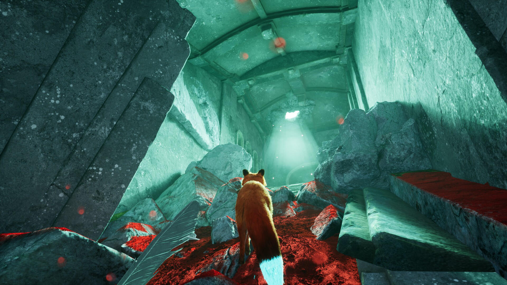 Ein Fuchs geht durch einen Steintunnel mit roten Akzenten und einer Lichtquelle am Ende.