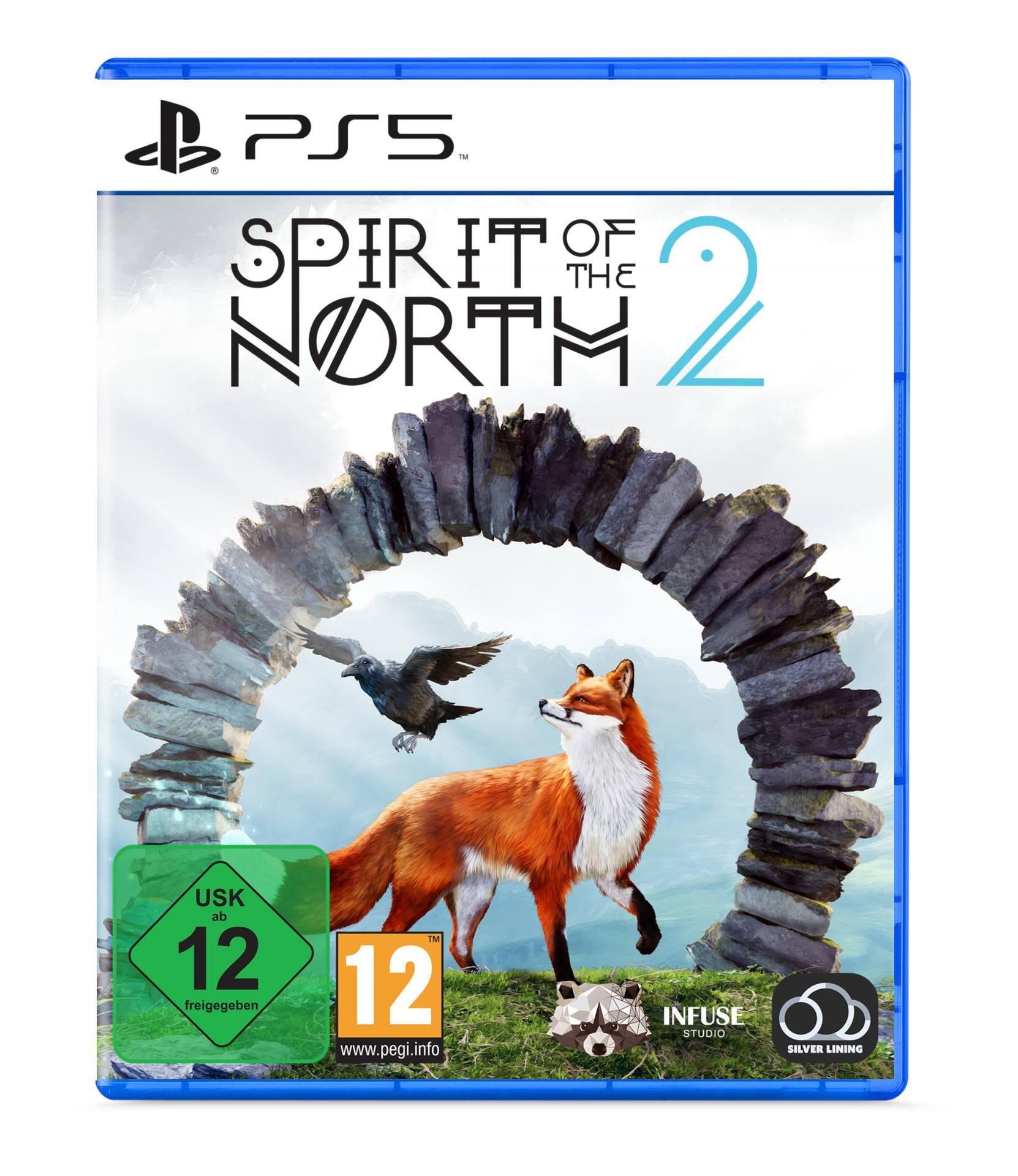 PS5-Spielhülle, 'Spirit of the North 2', Fuchs und Rabe unter Steinbogen.