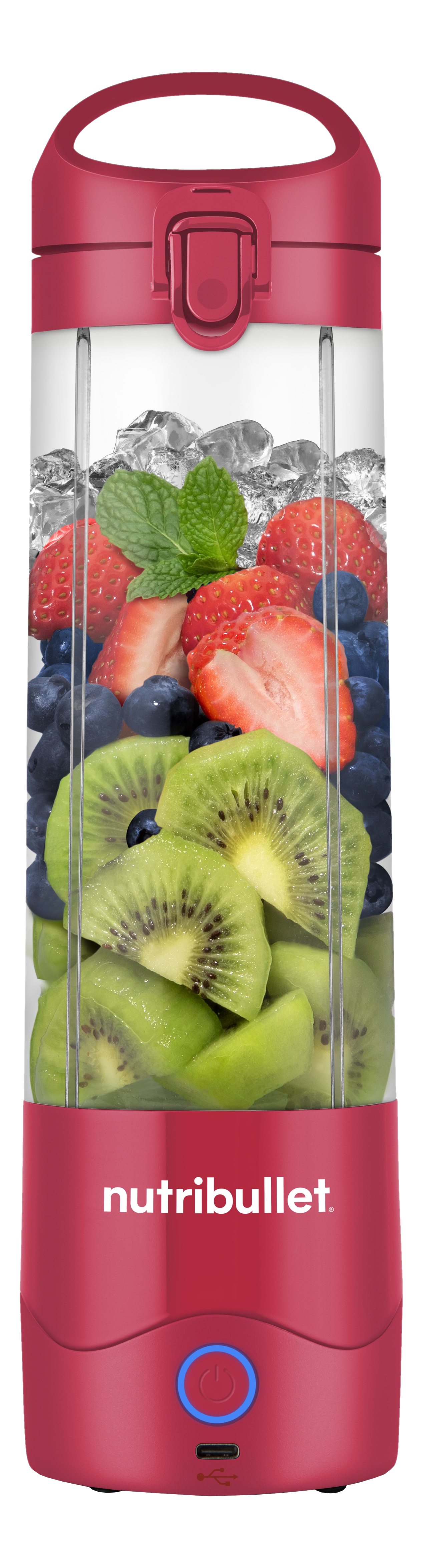Ein Nutribullet-Mixer gefüllt mit Eis, Erdbeeren, Blaubeeren und Kiwischeiben, in einem roten Behälter.
