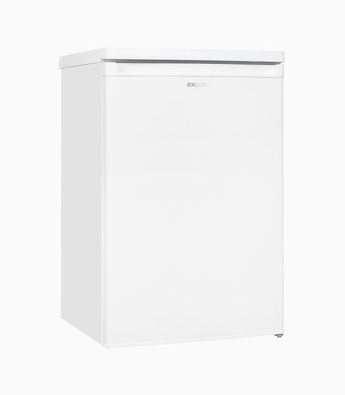 Weißer Kühlschrank mit dem Wort 'exquisit' auf der Vorderseite, vor weißem Hintergrund.