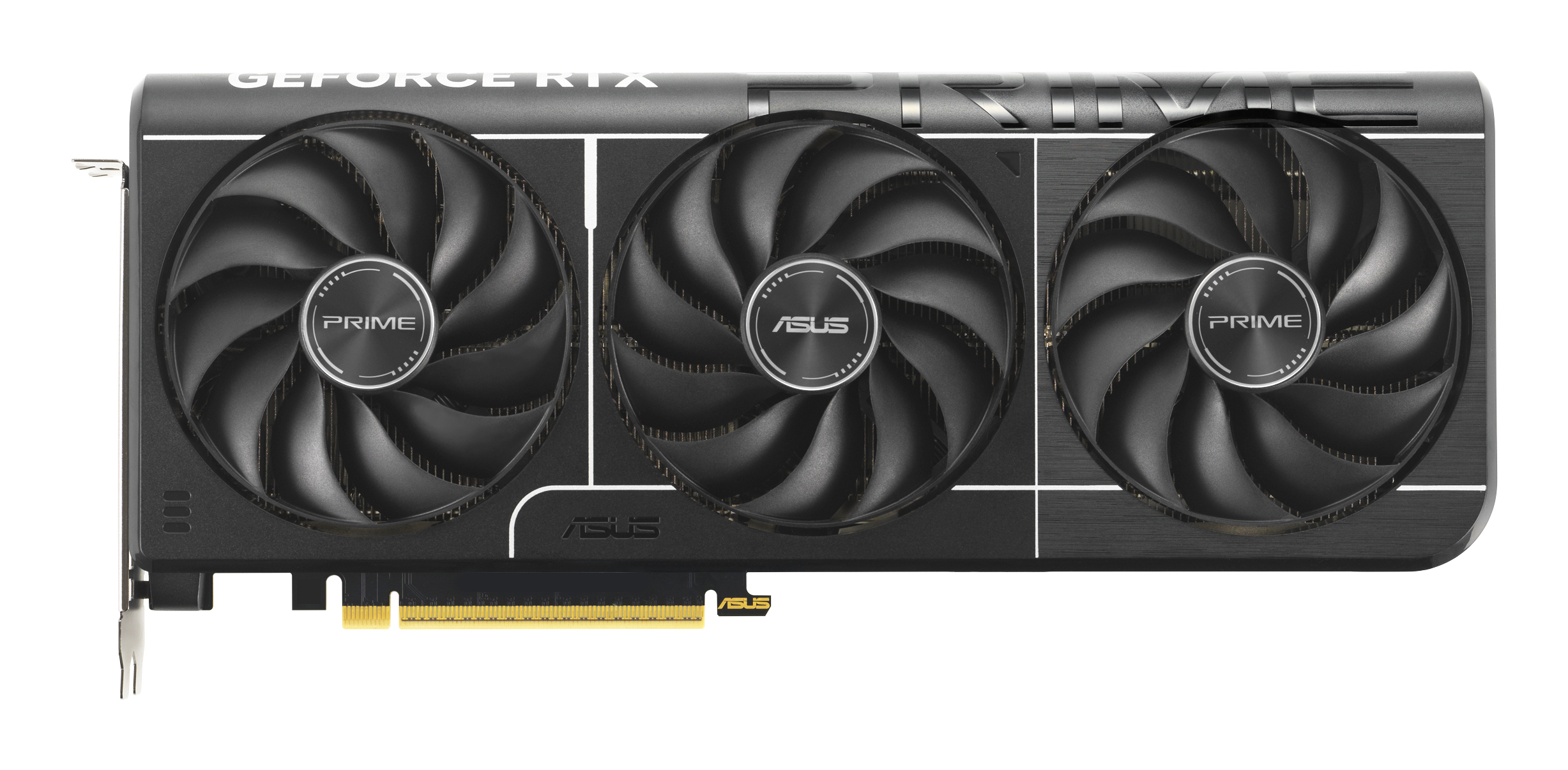 Grafikkarte mit drei Lüftern. Schwarz-graues Design. 'ASUS PRIME' ist aufgedruckt.