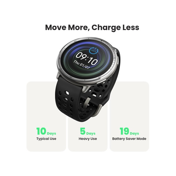 Smartwatch z czarnym paskiem wyświetlający godzinę i żywotność baterii.