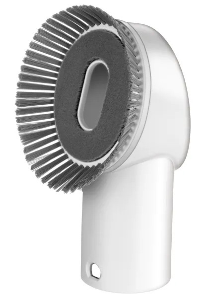 Biała nasadka szczotki do odkurzacza z szarą, okrągłą główką szczotki.