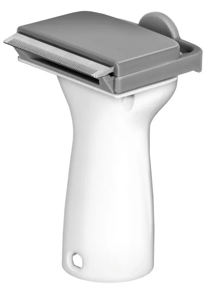 Biało-szara skrobaczka do farby z szarą osłoną ostrza. Rękojeść jest biała, ostrze srebrne.