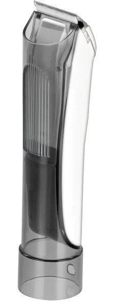 Biała i przezroczysta nakładka do golarki elektrycznej z widocznym wewnątrz ostrzem.