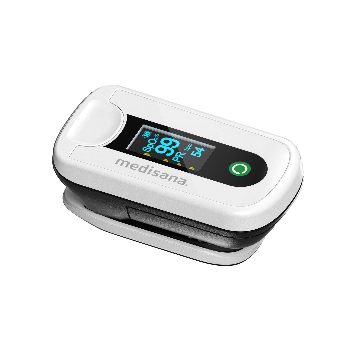 White oximeter with a digital display showing SpO2, pulse rate, and a green power button.