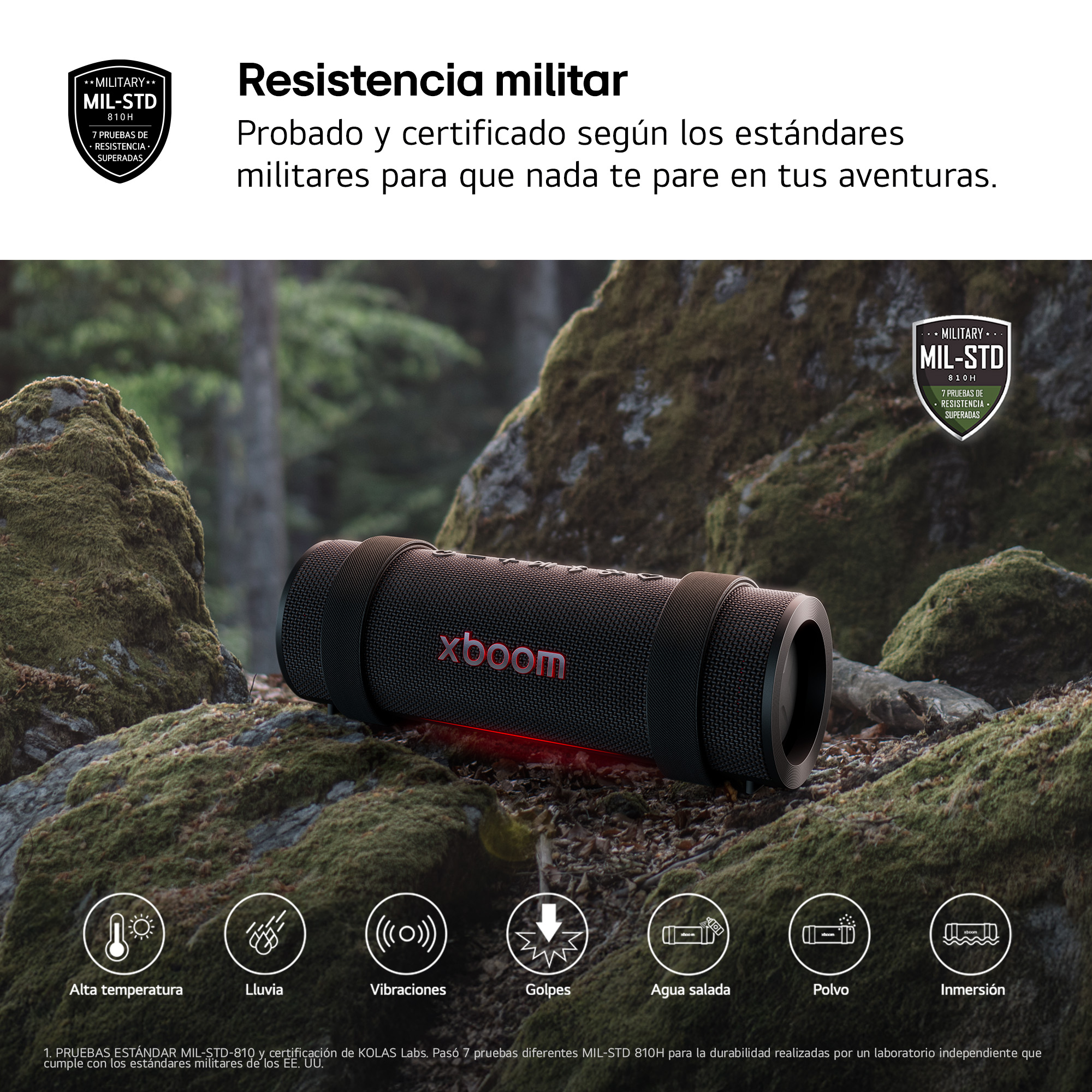 Un altavoz portátil negro sobre rocas. El texto dice grado militar, resistente al agua y al polvo, e impermeable.