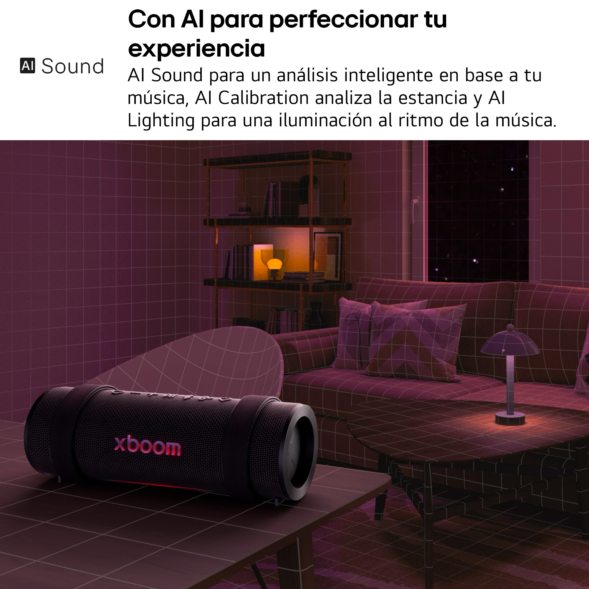Un altavoz Xboom negro sobre una mesa en una habitación con fondo rojo.
