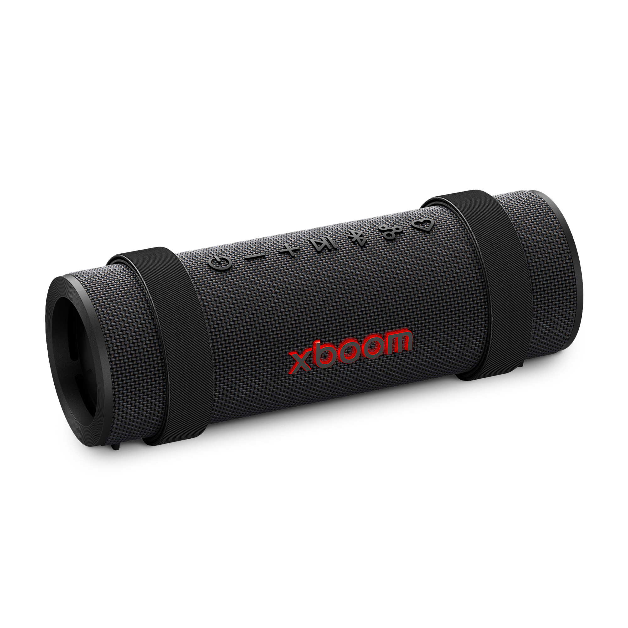 Altavoz portátil cilíndrico negro con texto rojo. Dos correas en los lados.