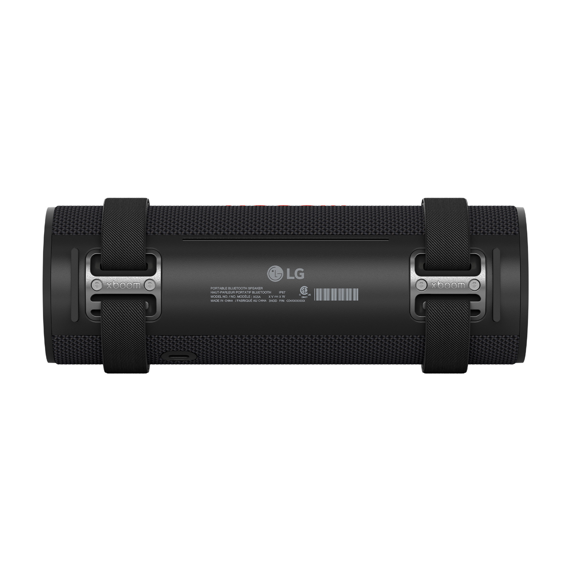 Altavoz cilíndrico negro LG xboom con correas. El altavoz está sobre una superficie blanca.