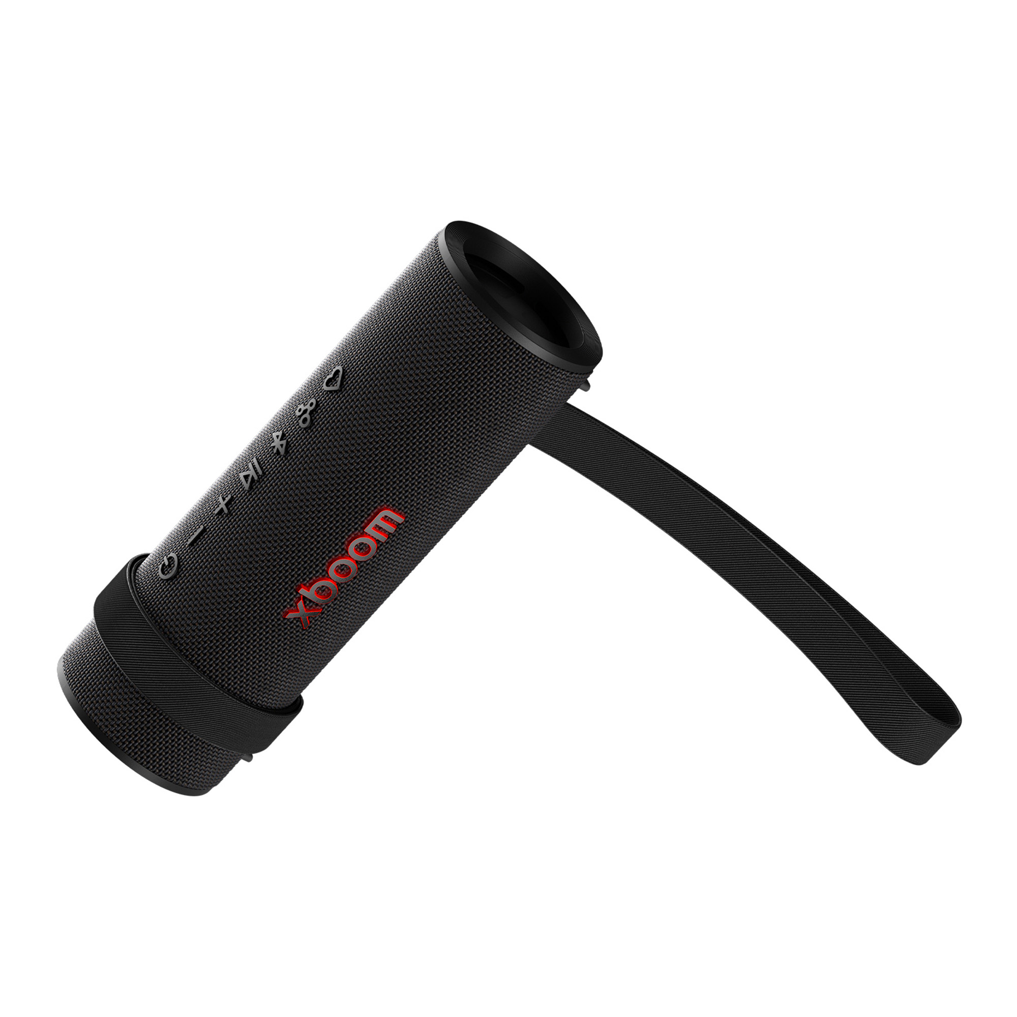 Un altavoz portátil negro y rojo con asa, sobre un fondo blanco.