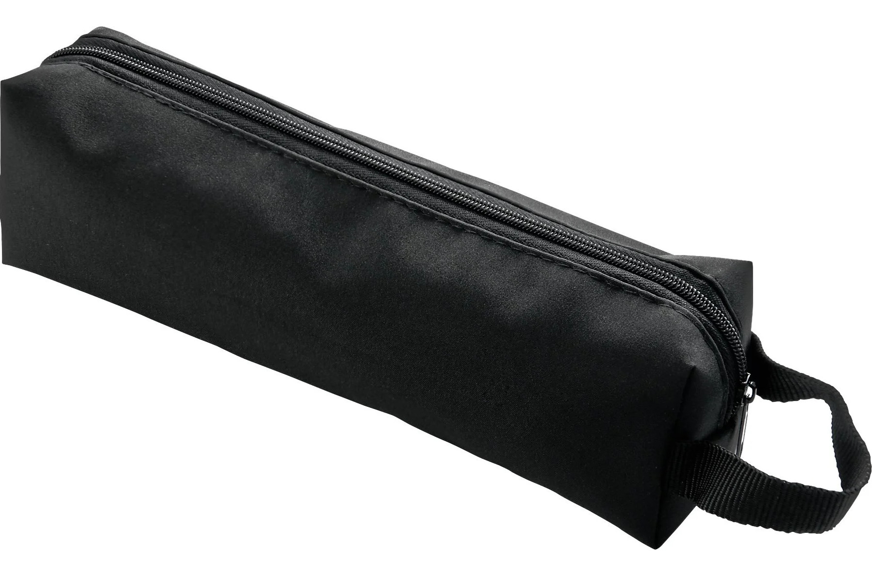 Czarny piórnik z zamkiem błyskawicznym i małym uchwytem.