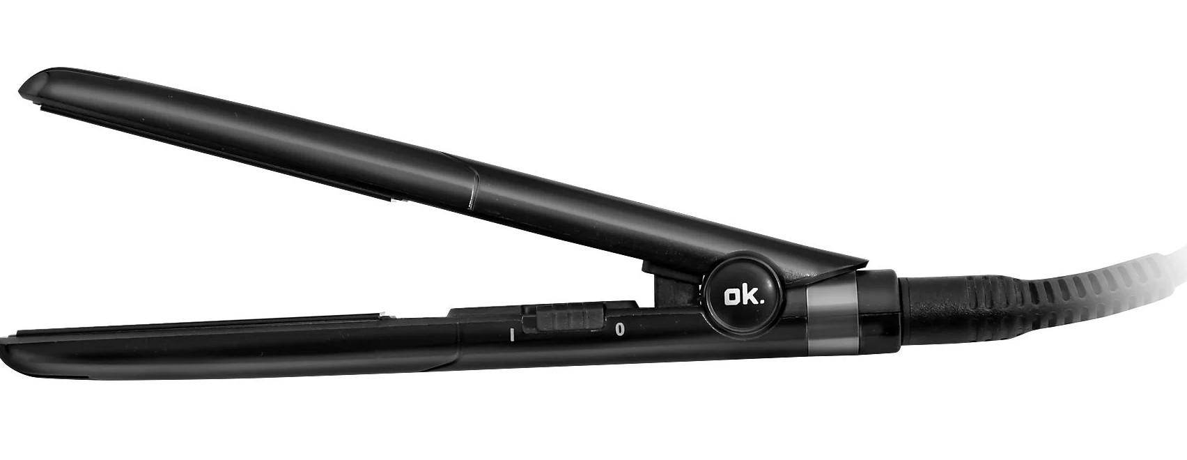 Czarna prostownica do włosów, otwarta. Ma czarny korpus i biały przewód zasilający.