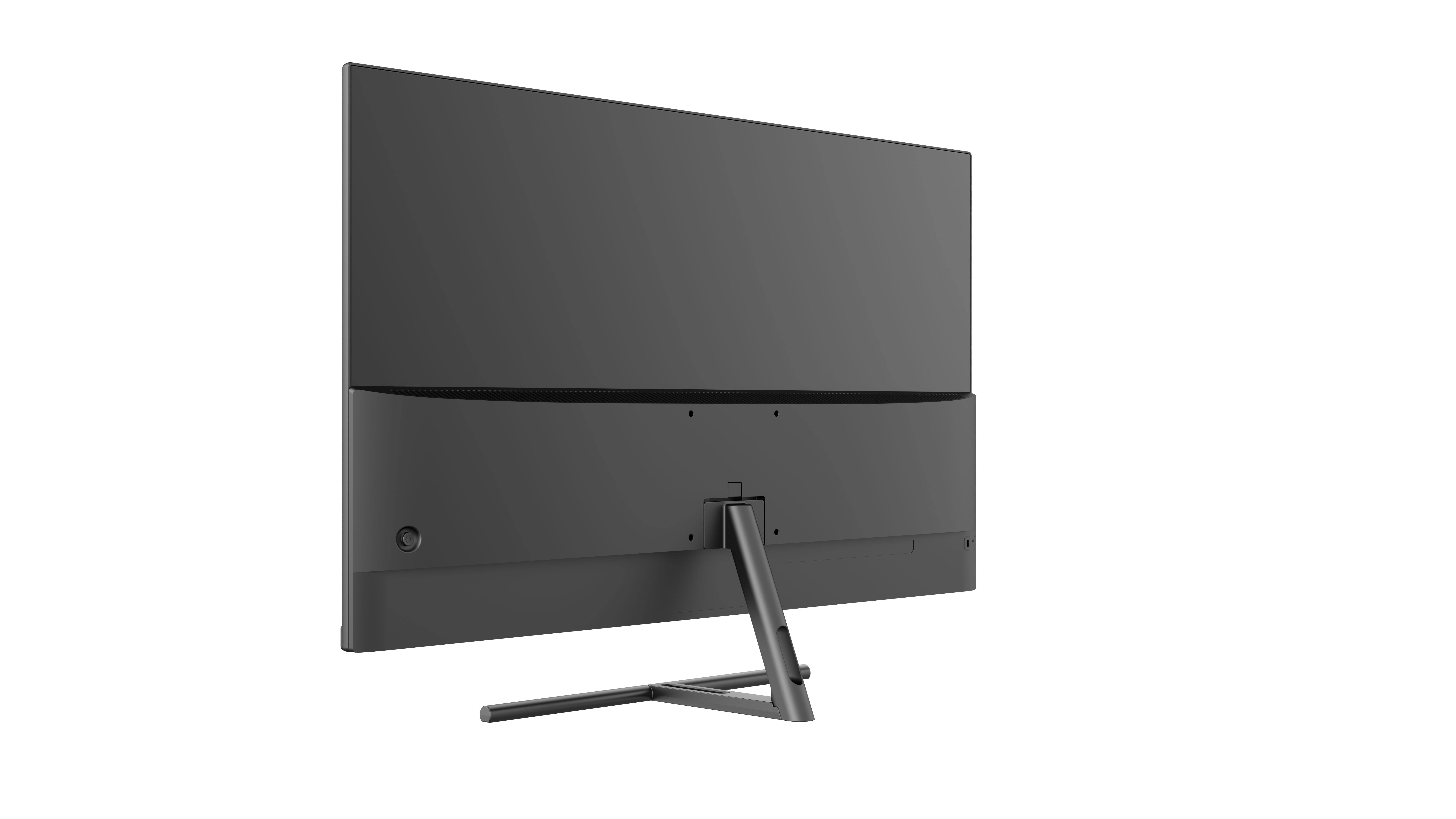 Schwarzer Computermonitor von hinten, mit silbernem Ständer, vor schwarzem Hintergrund.