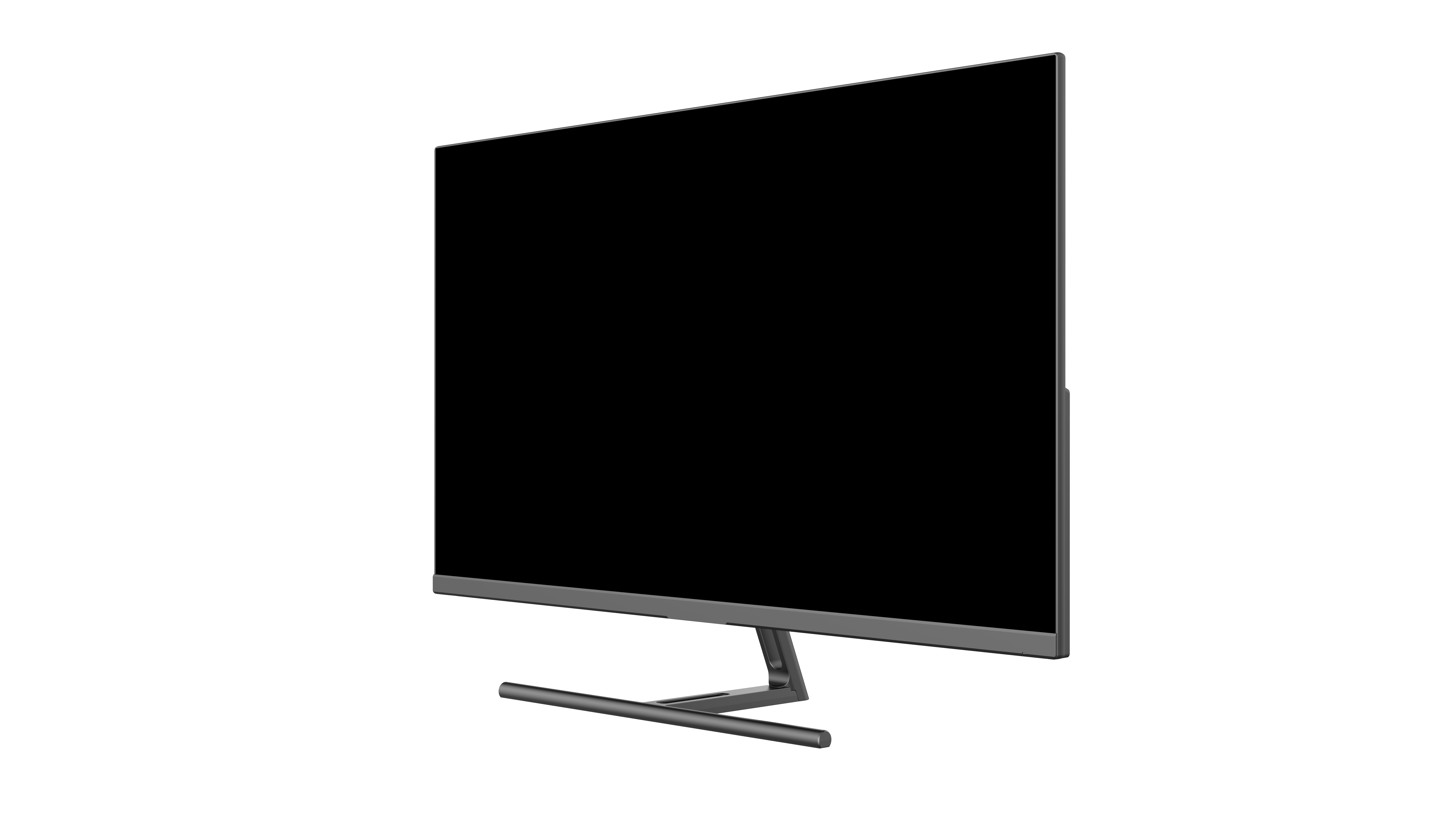 Schlanker, moderner Fernseher auf schwarzem Hintergrund, Seitenansicht. Silberner Rahmen, minimalistisches Design.