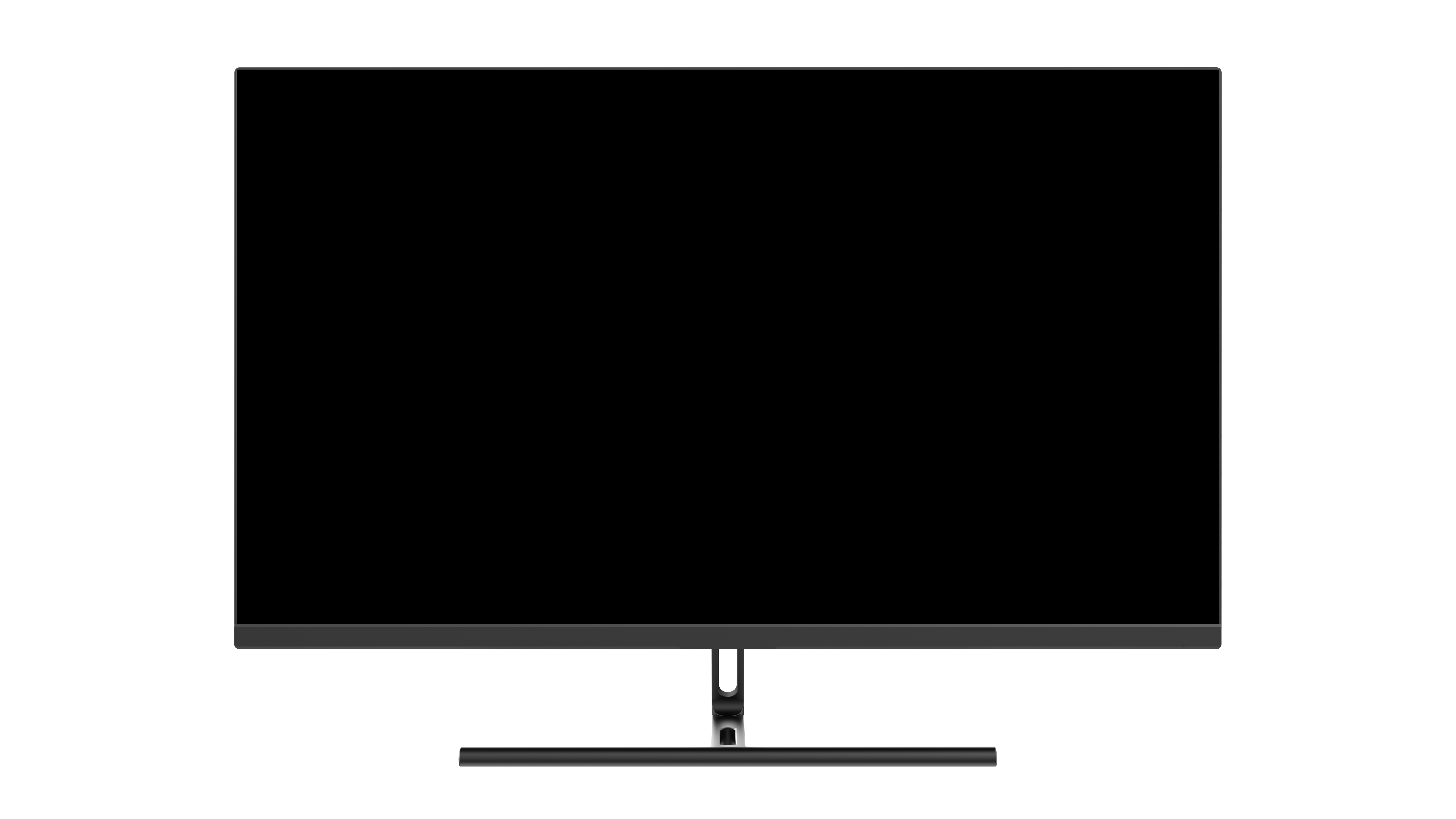 Ein schwarzer Computermonitor auf schwarzem Hintergrund. Er hat einen dünnen Rahmen und einen Ständer.