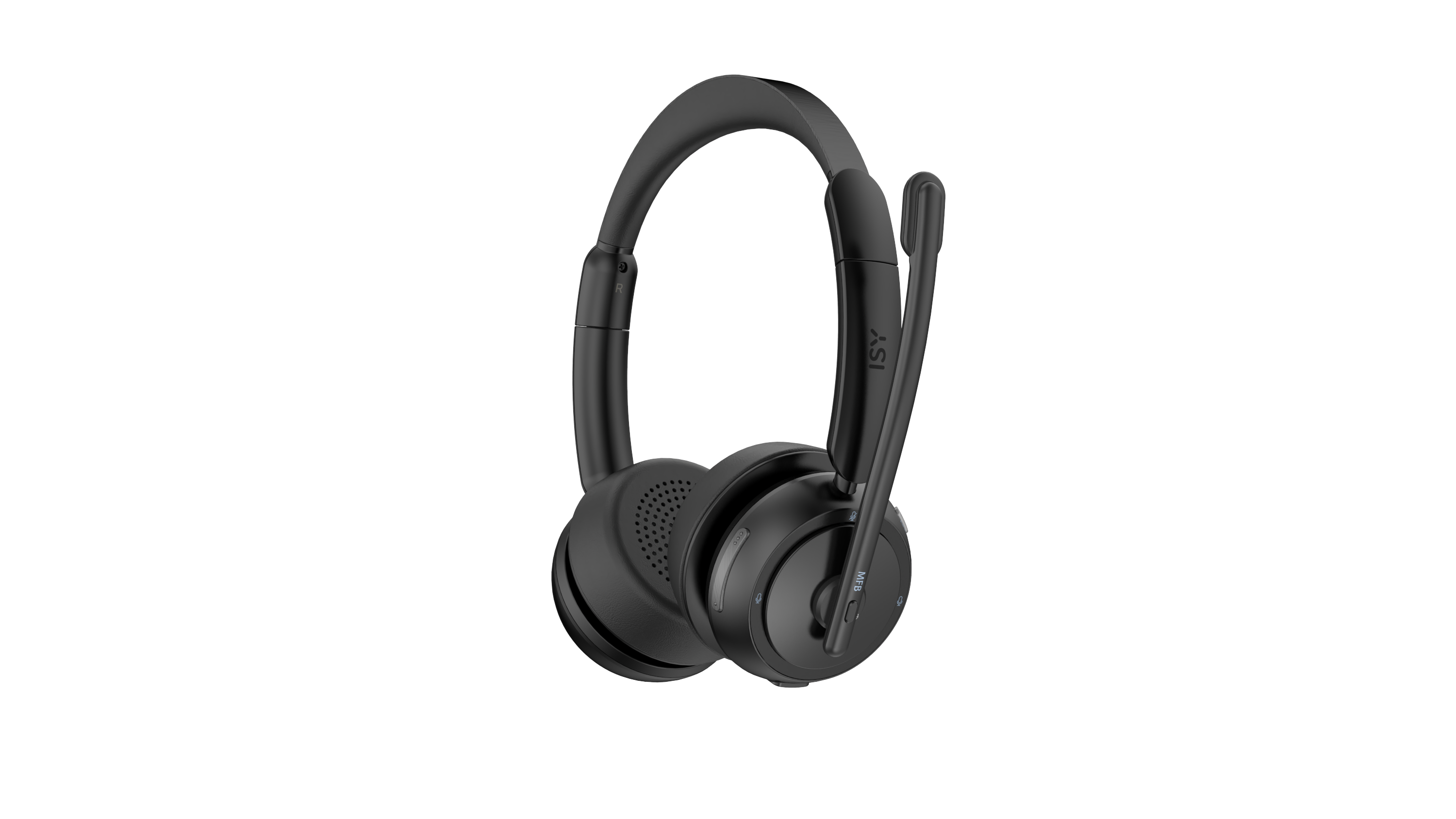 Schwarzes Headset mit Mikrofon. Isoliert auf schwarzem Hintergrund. Professionelles Design.