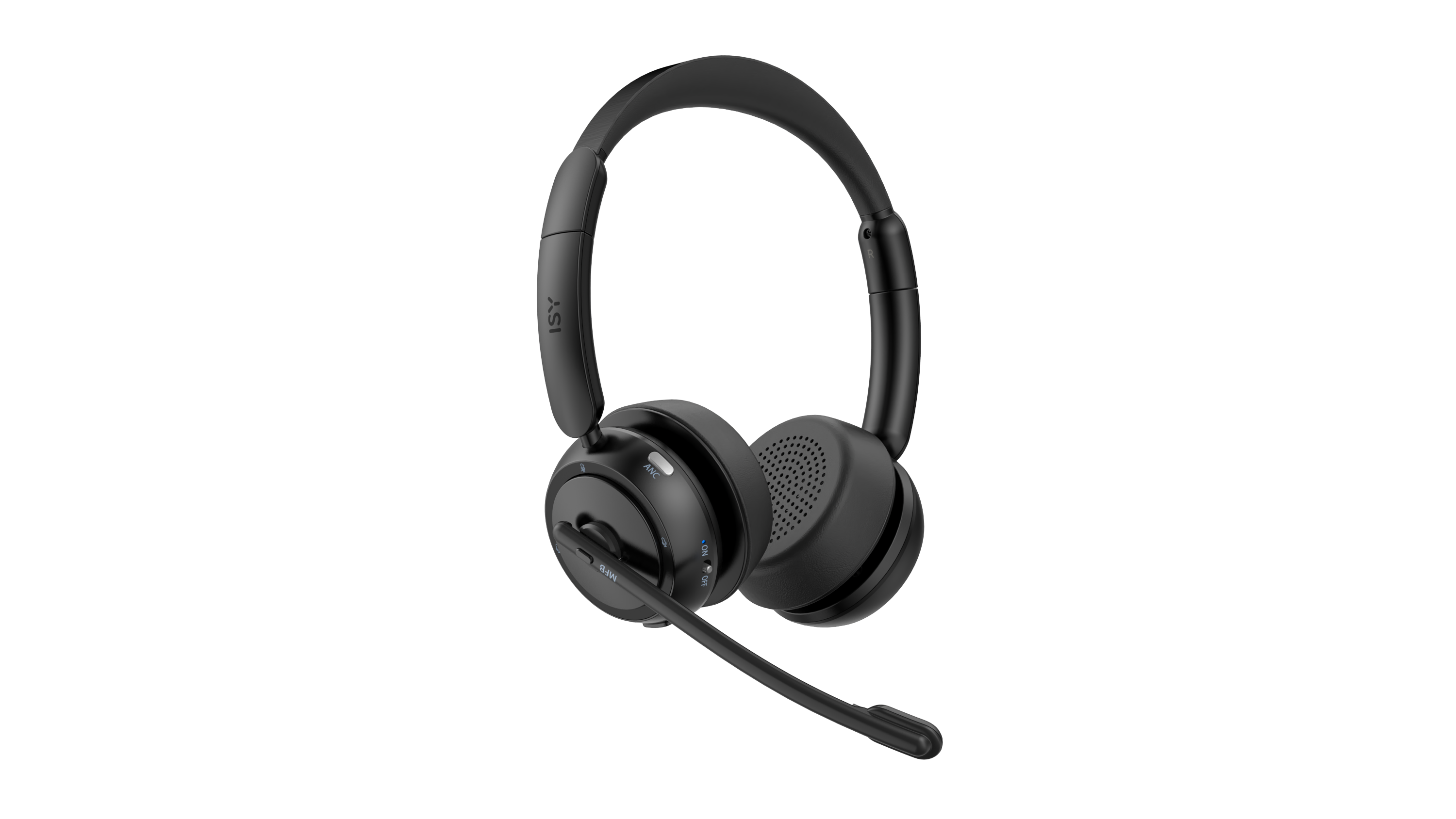 Schwarzes Headset mit Mikrofon. Es ist auf schwarzem Hintergrund.