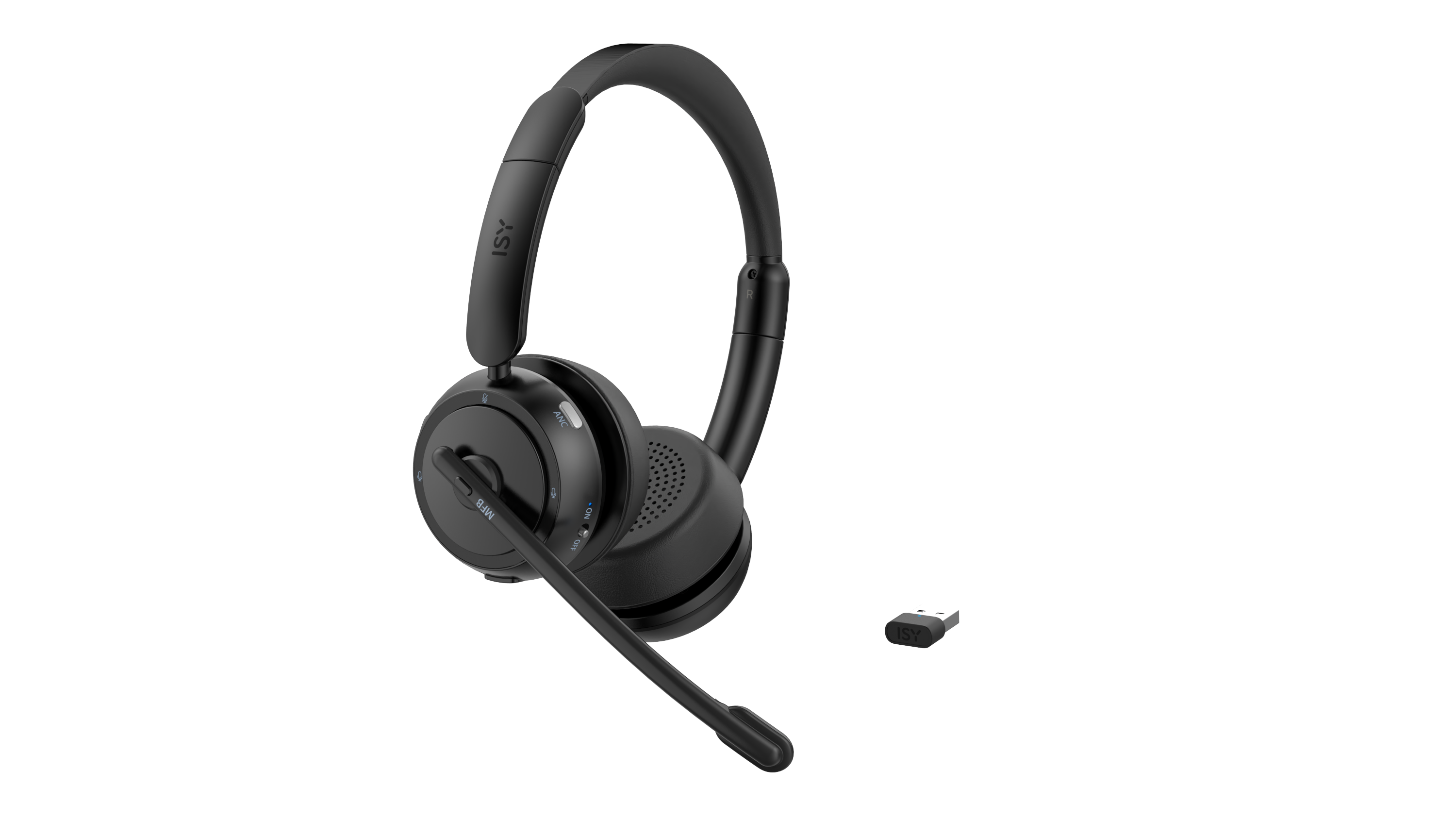 Schwarzes kabelloses Headset mit Mikrofon. Kleiner USB-Empfänger rechts.