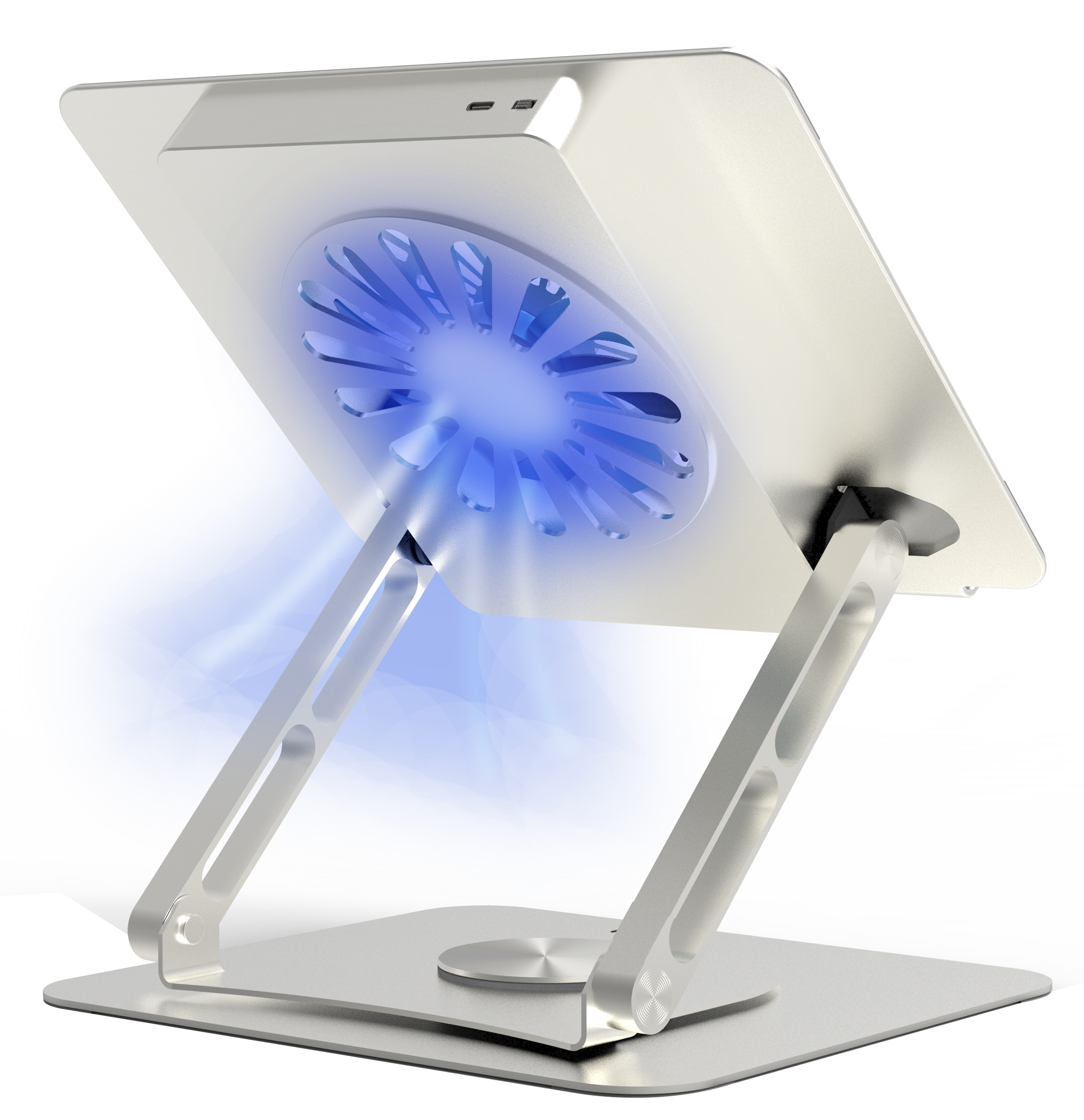Silberner Laptop-Ständer mit blauem Lüfter. Der Ständer befindet sich auf schwarzem Grund.