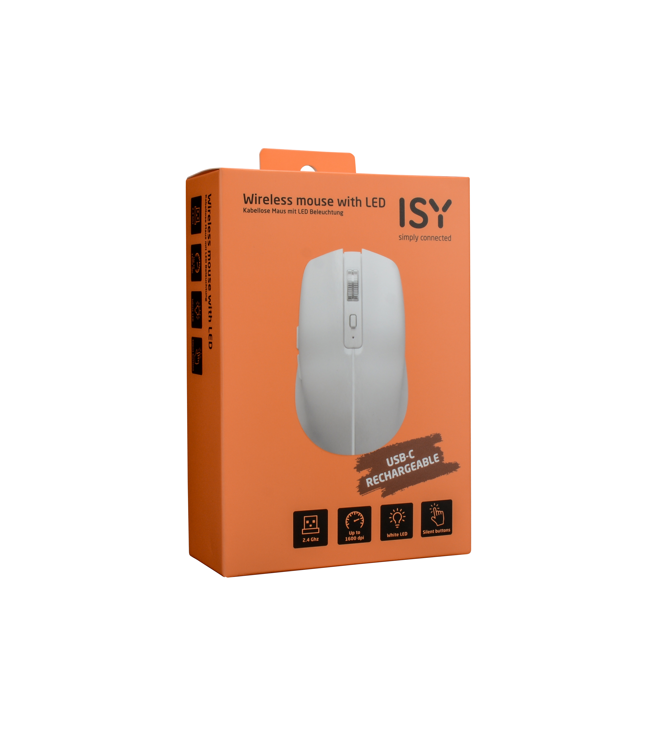 Biała mysz bezprzewodowa w pudełku z tekstem i ikonami.