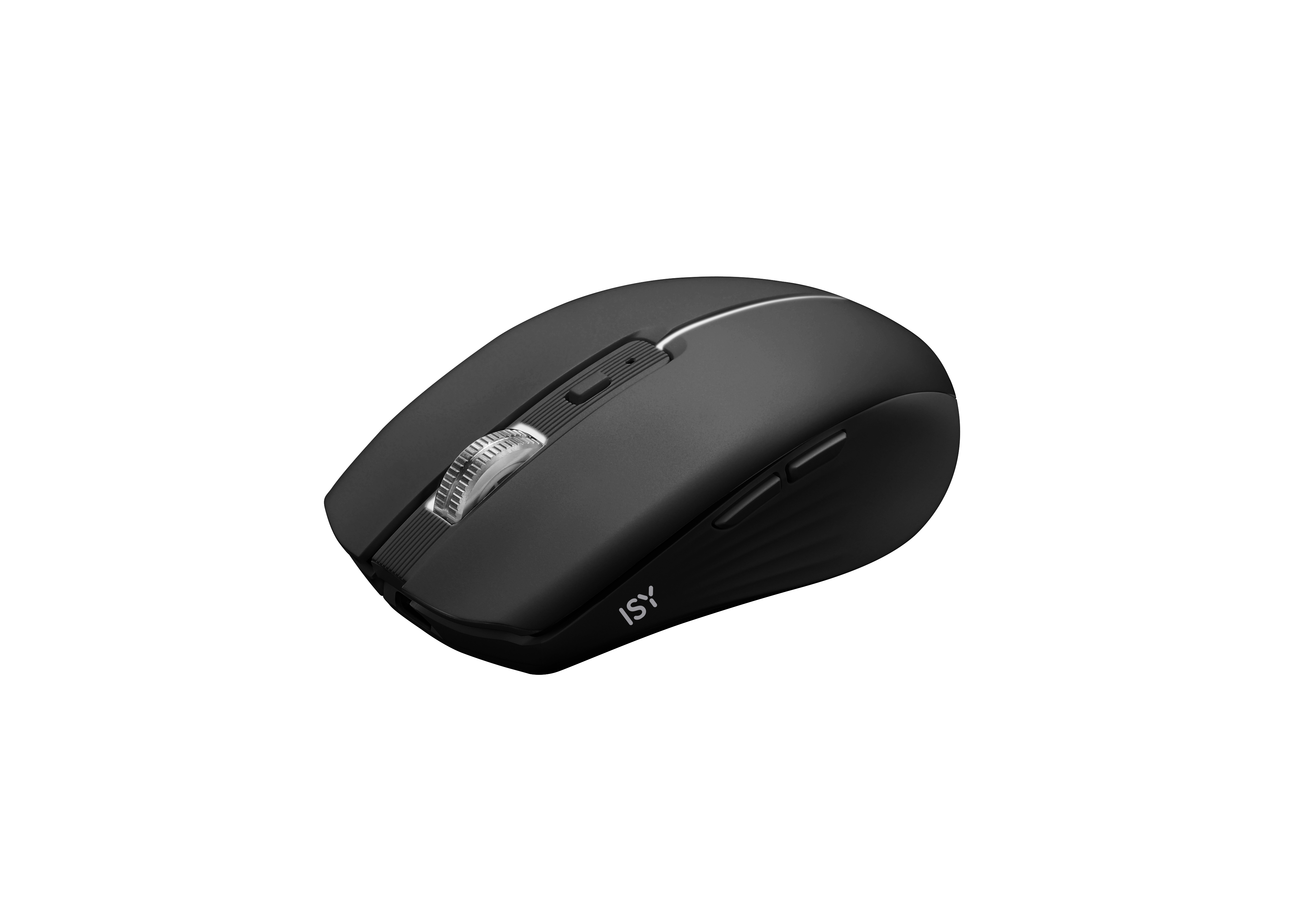 Czarna bezprzewodowa mysz komputerowa na białym tle. Ma kółko przewijania, przyciski i logo ISY.