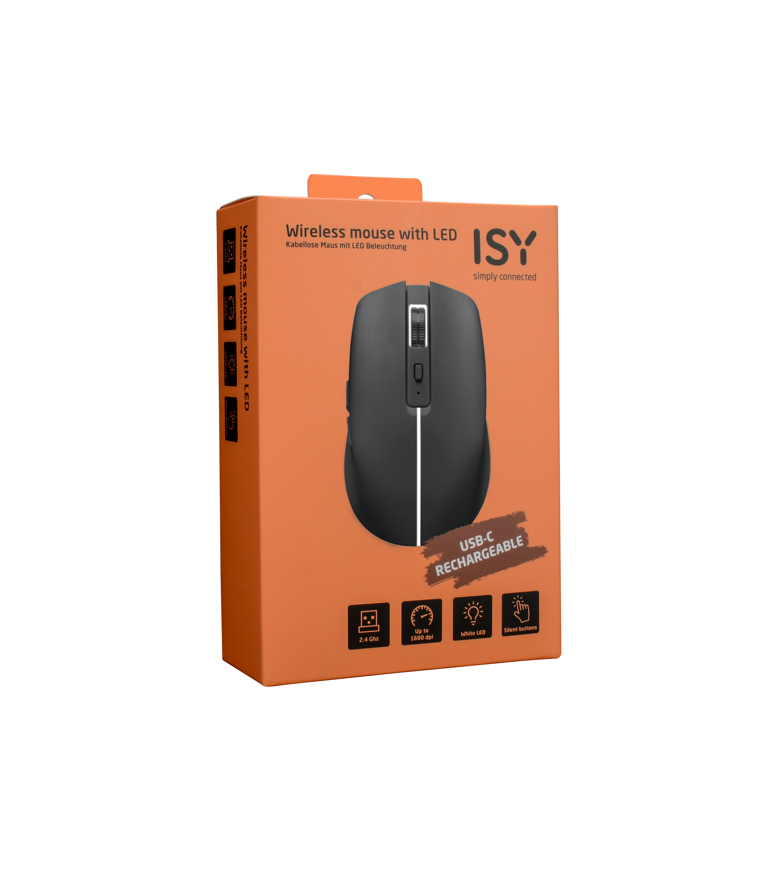 Pomarańczowe pudełko z czarną myszą bezprzewodową. Na pudełku napis 'Wireless mouse with LED' i 'ISY'.
