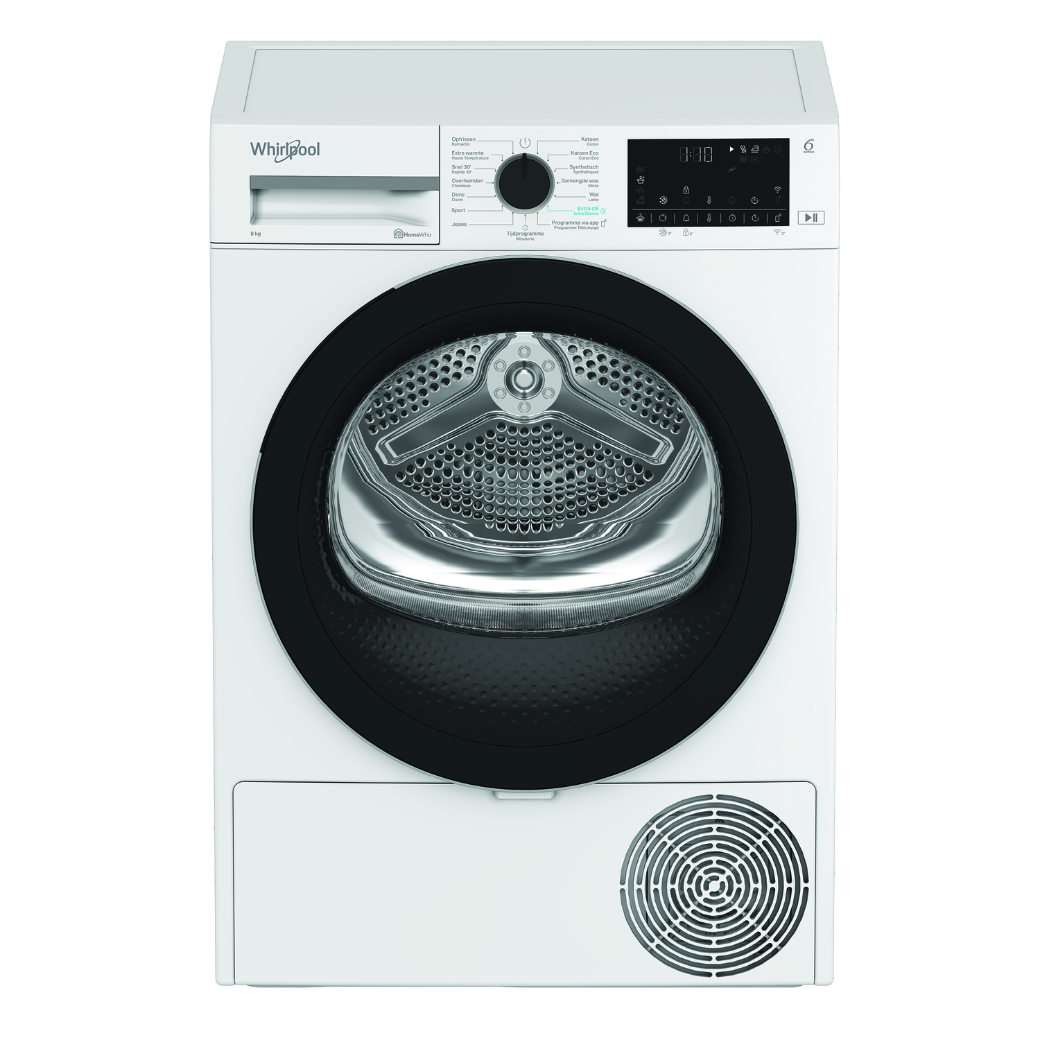 Witte Whirlpool droger met een zwarte deur en bedieningspaneel met een digitaal display.