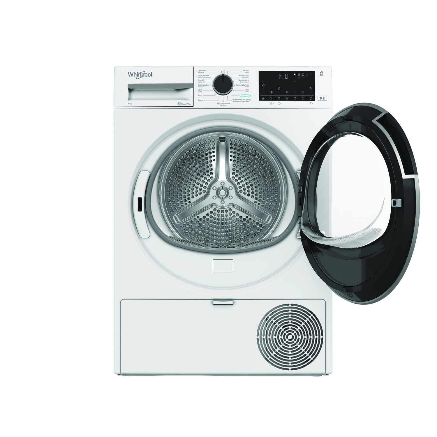 Witte Whirlpool droger met open deur. Binnenkant zichtbaar. Bedieningspaneel boven.