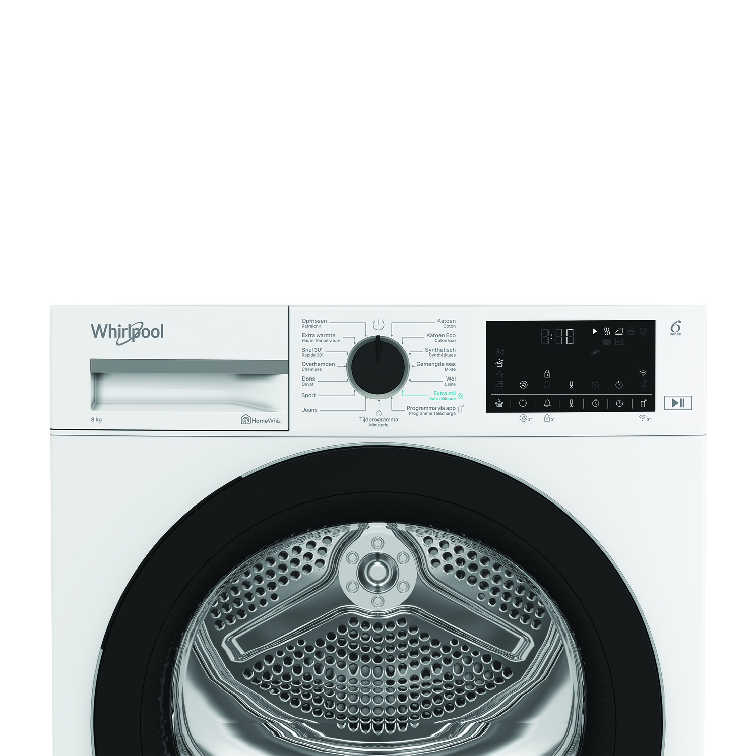 Witte Whirlpool droger voorkant. Zwarte deur, bedieningspaneel met knoppen en digitaal display.