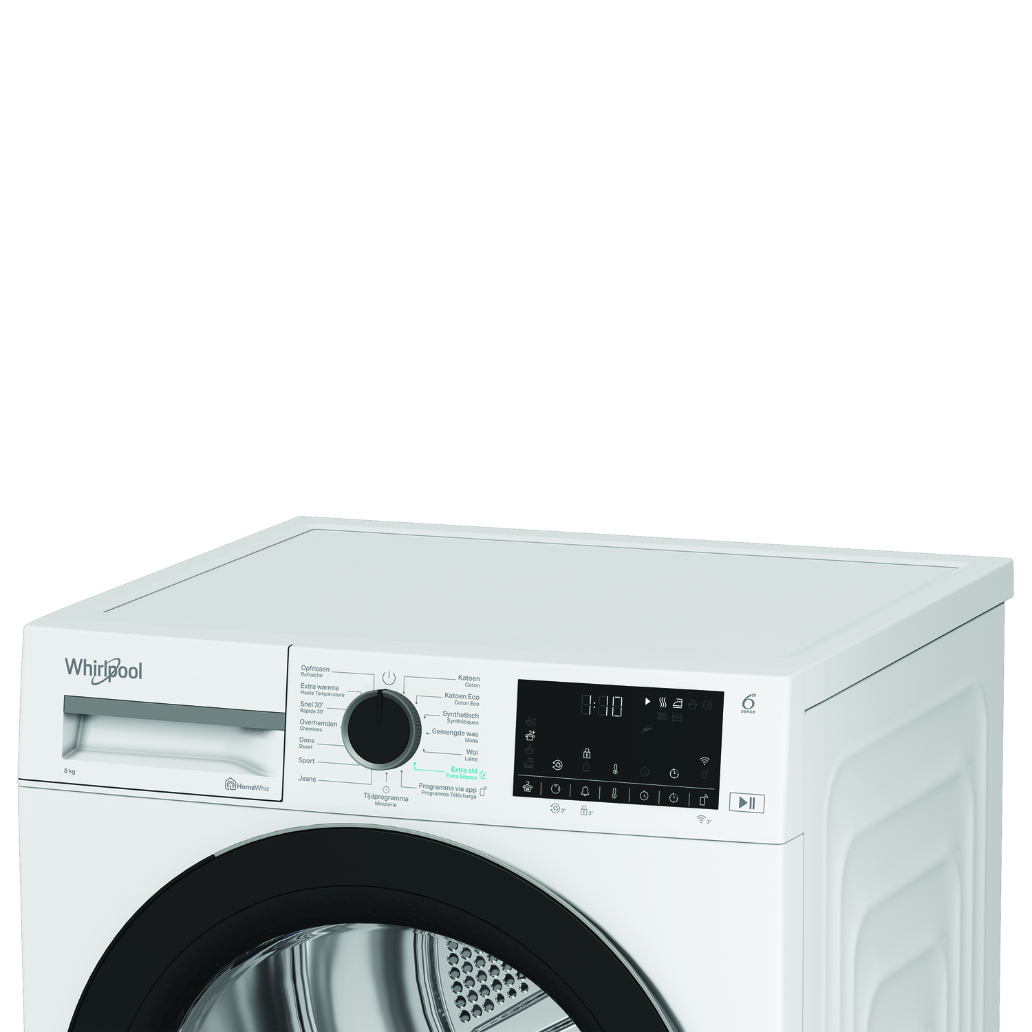 Witte wasmachine met een zwarte deur en bedieningspaneel aan de bovenkant, witte achtergrond.