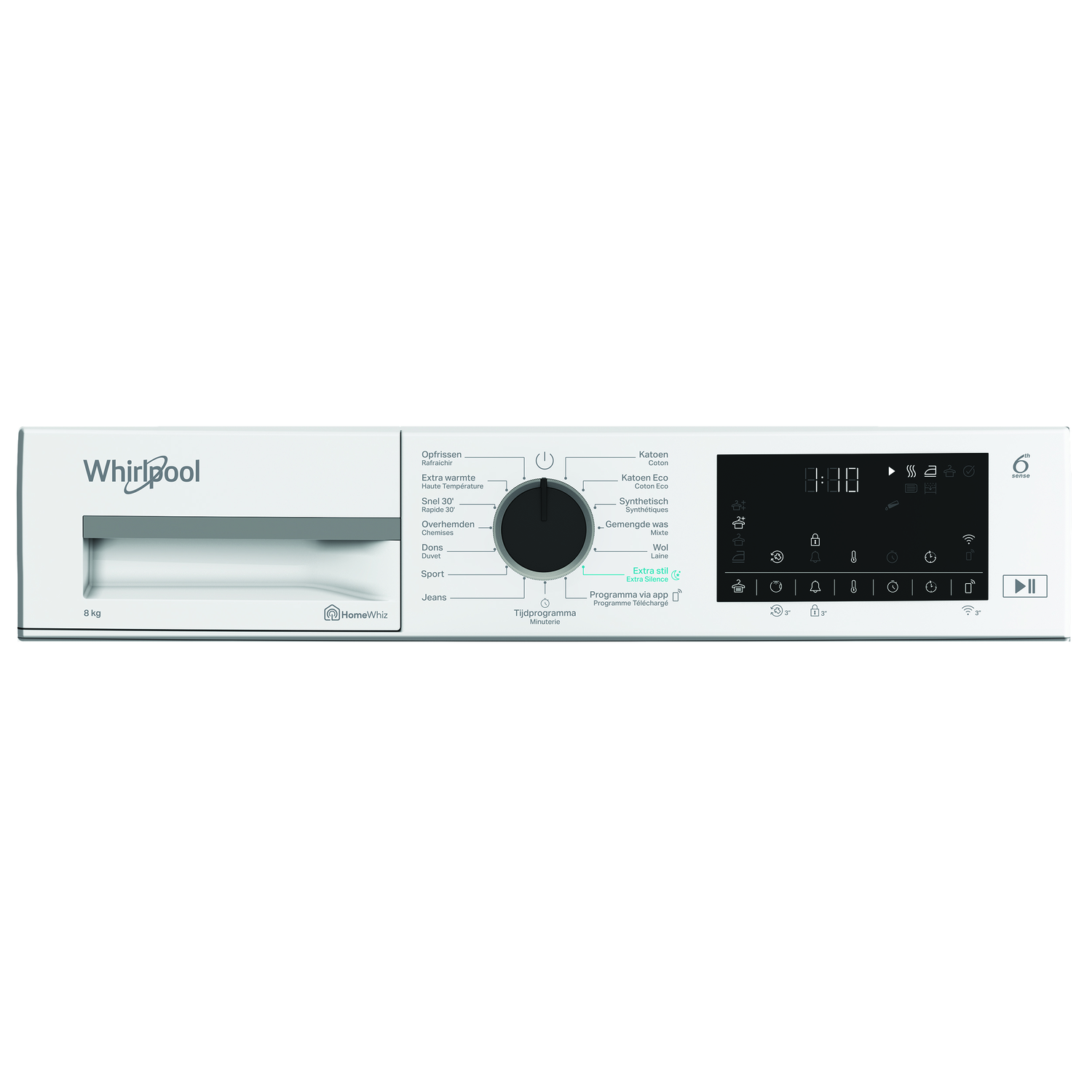 Wit bedieningspaneel van de Whirlpool wasmachine. Er is een knop, een display en verschillende knoppen.