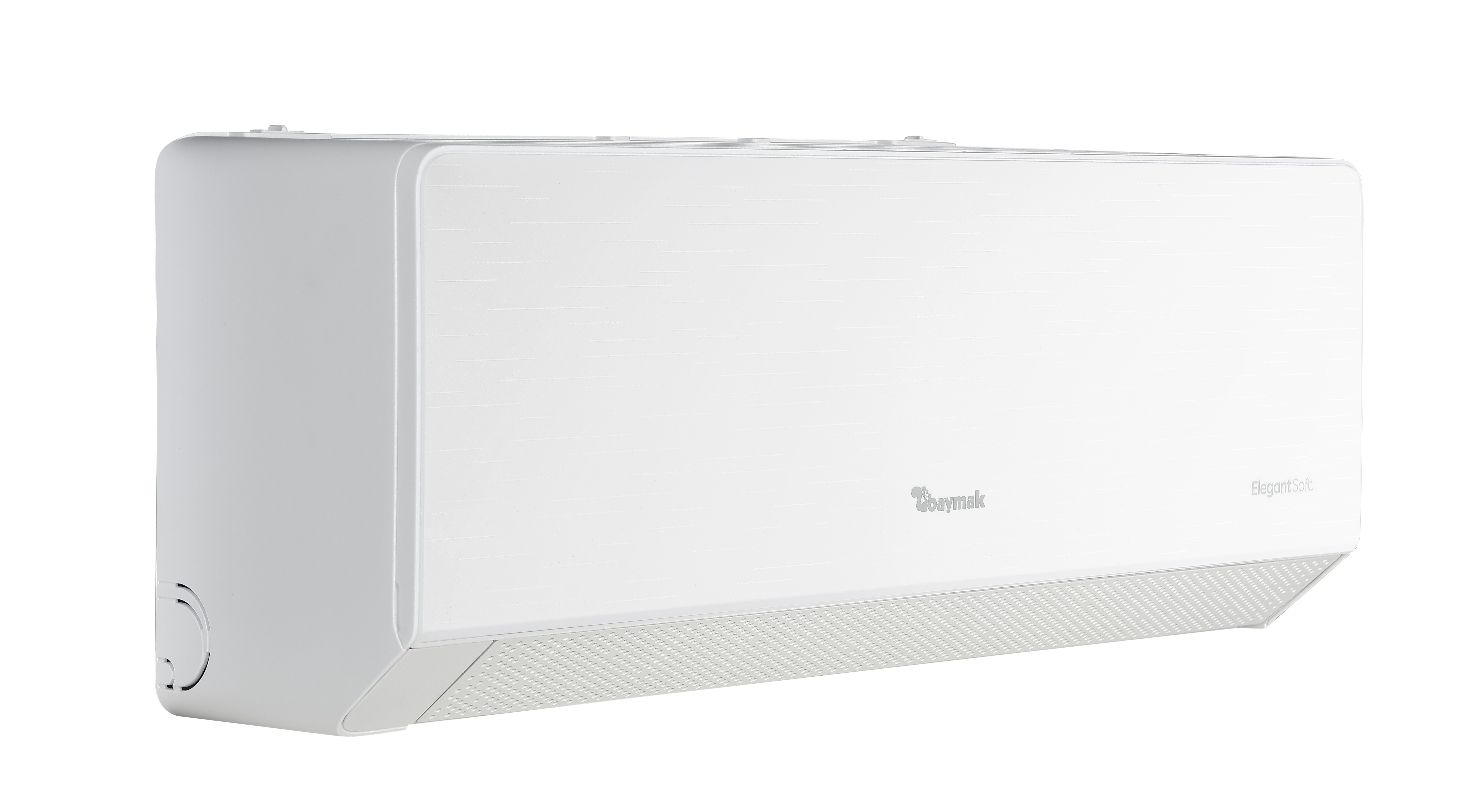 Duvara monte edilmiş beyaz klima. Klima şık bir tasarıma sahip. Arka plan karanlık.